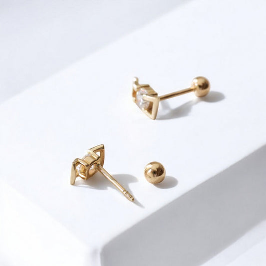 10K Pure Gold Mini Bow Zircon Screw On Earrings