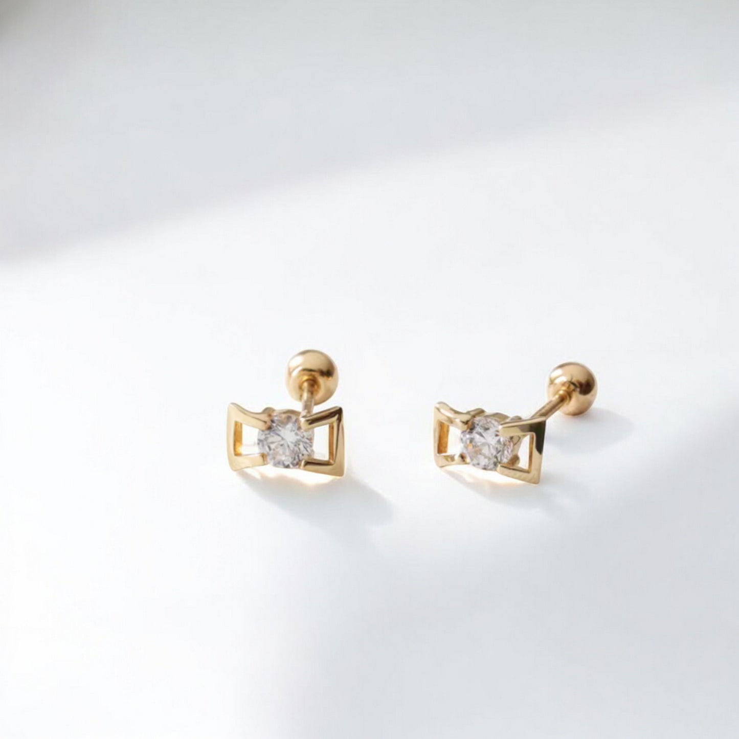 10K Pure Gold Mini Bow Zircon Screw On Earrings