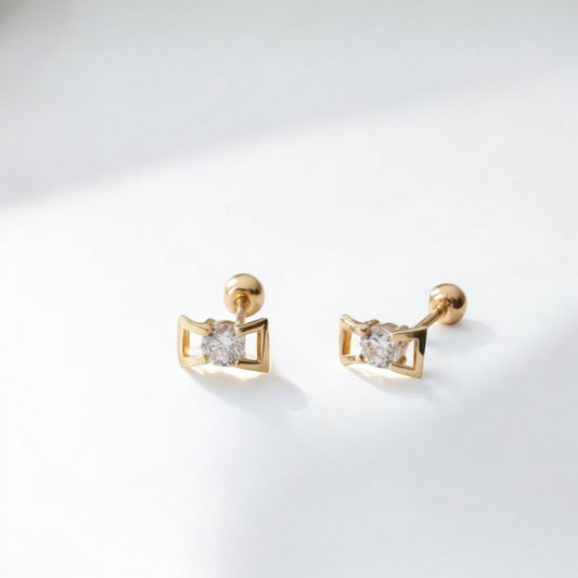 10K Pure Gold Mini Bow Zircon Screw On Earrings
