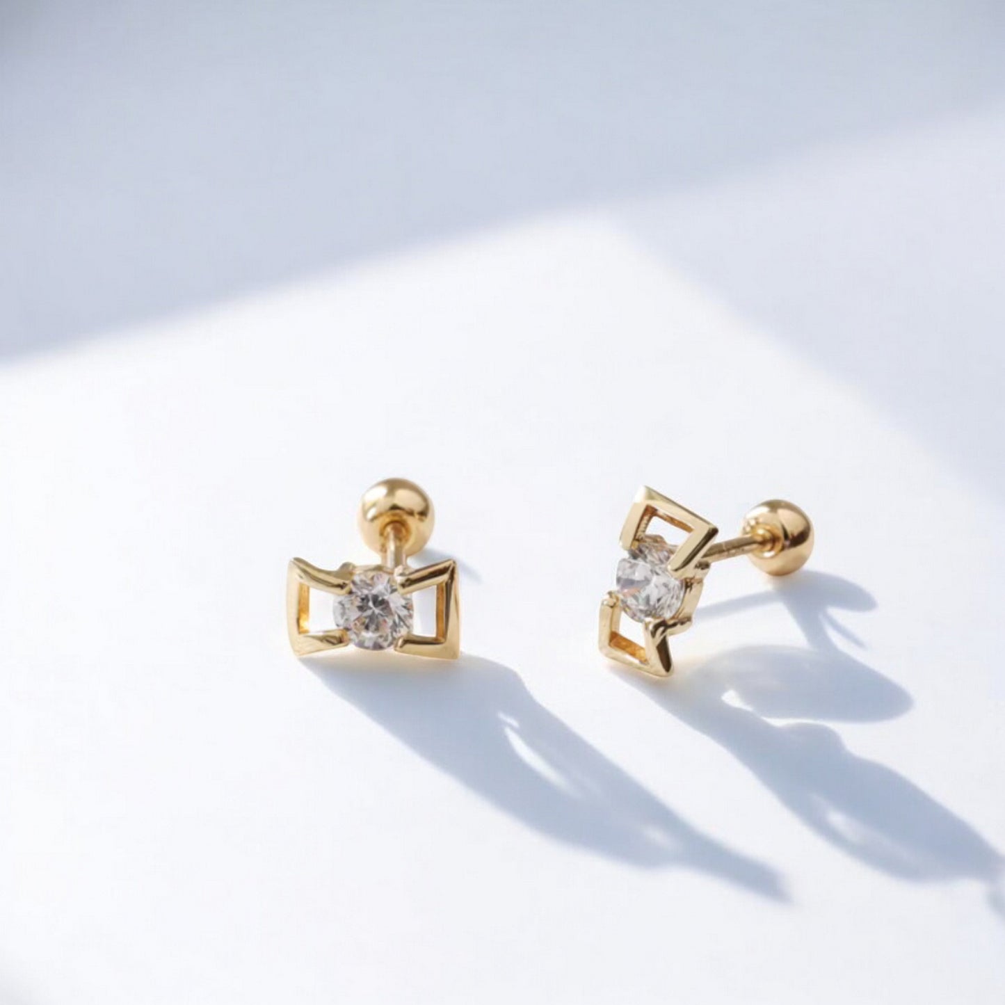 10K Pure Gold Mini Bow Zircon Screw On Earrings