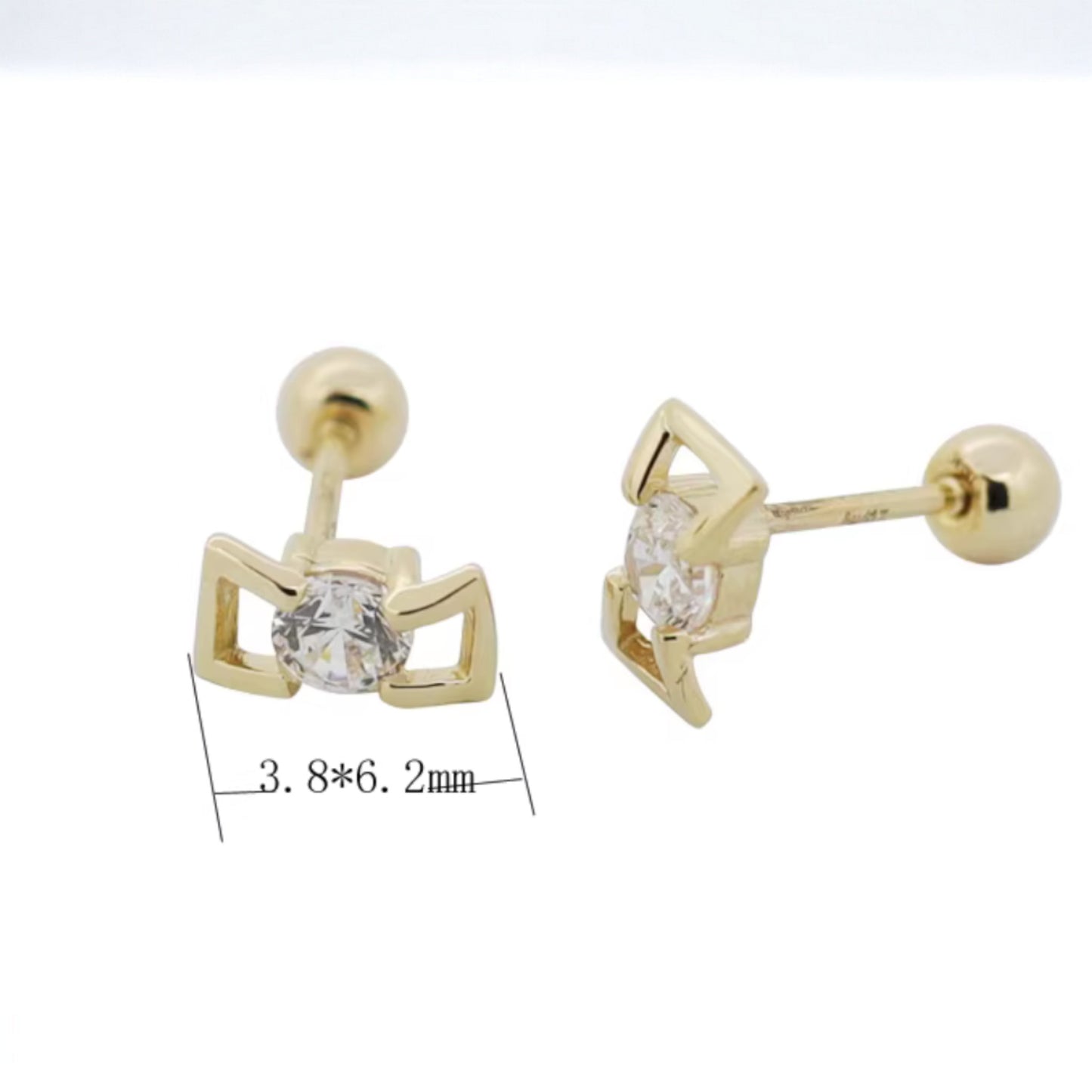 10K Pure Gold Mini Bow Zircon Screw On Earrings