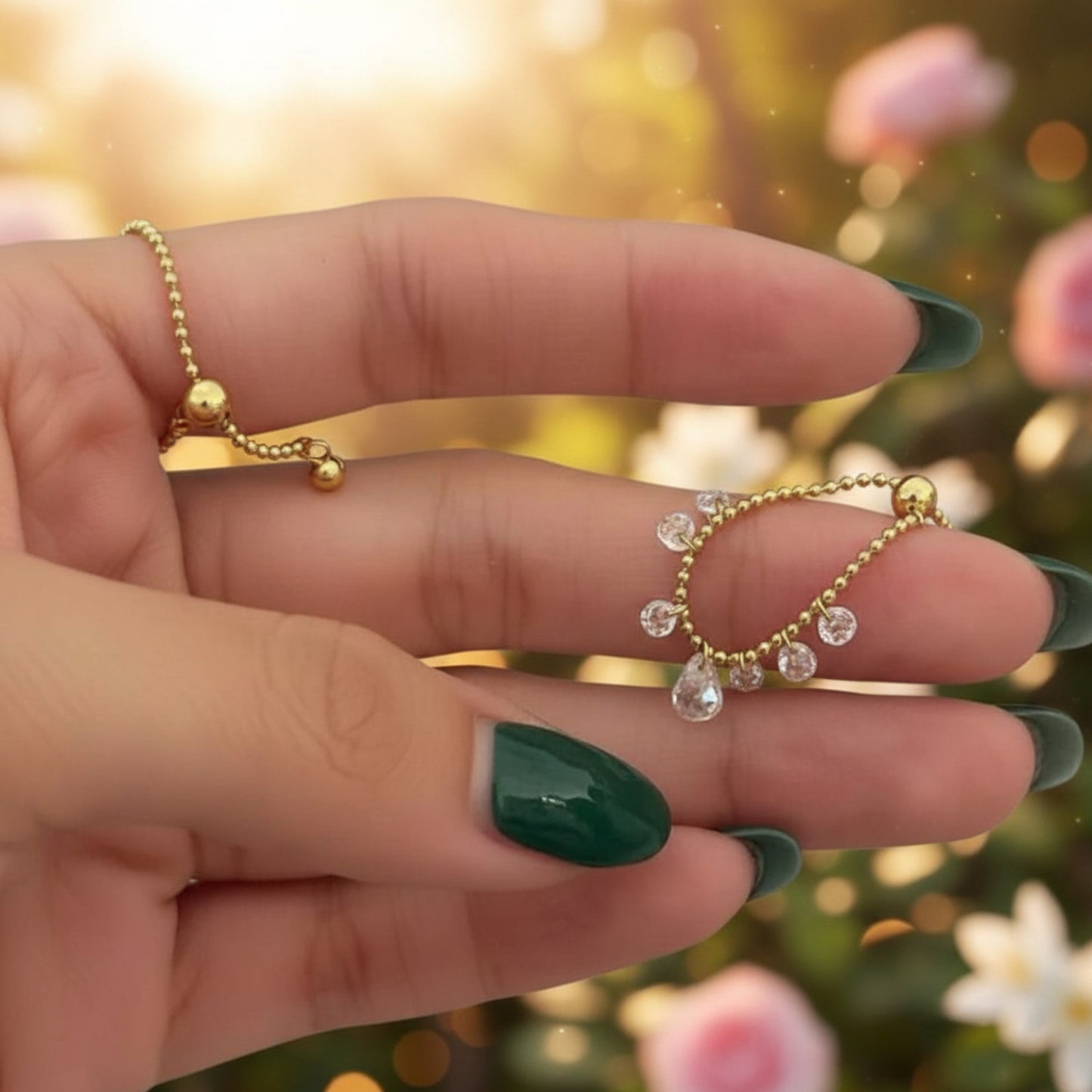 14K Real Gold Luxury Zircon Beads Chain Adjustable Ring