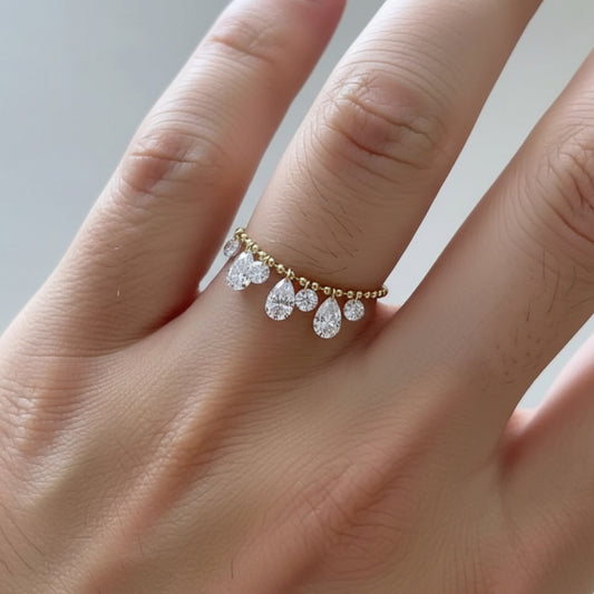 14K Real Gold Luxury Zircon Beads Chain Adjustable Ring