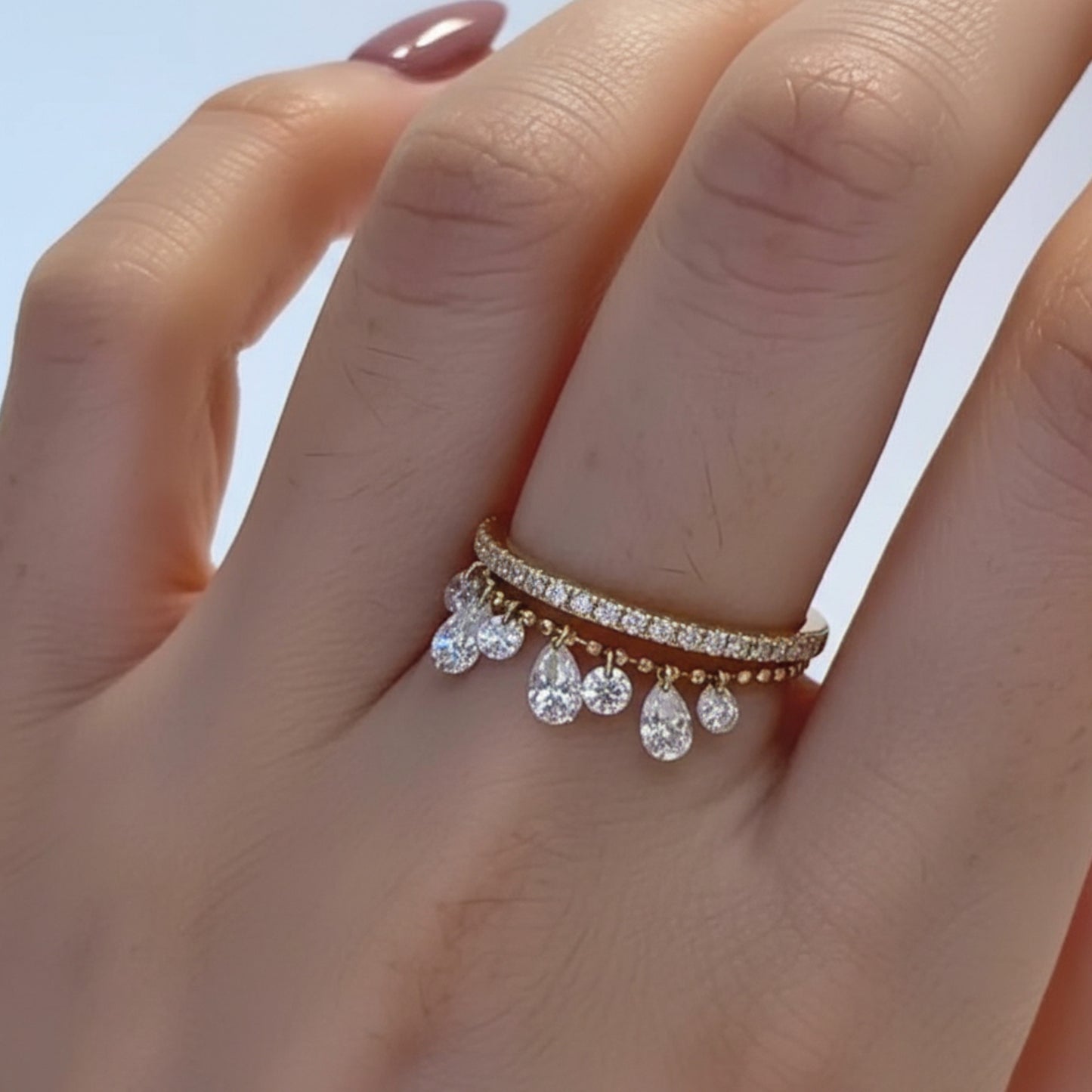 14K Real Gold Luxury Zircon Beads Chain Adjustable Ring