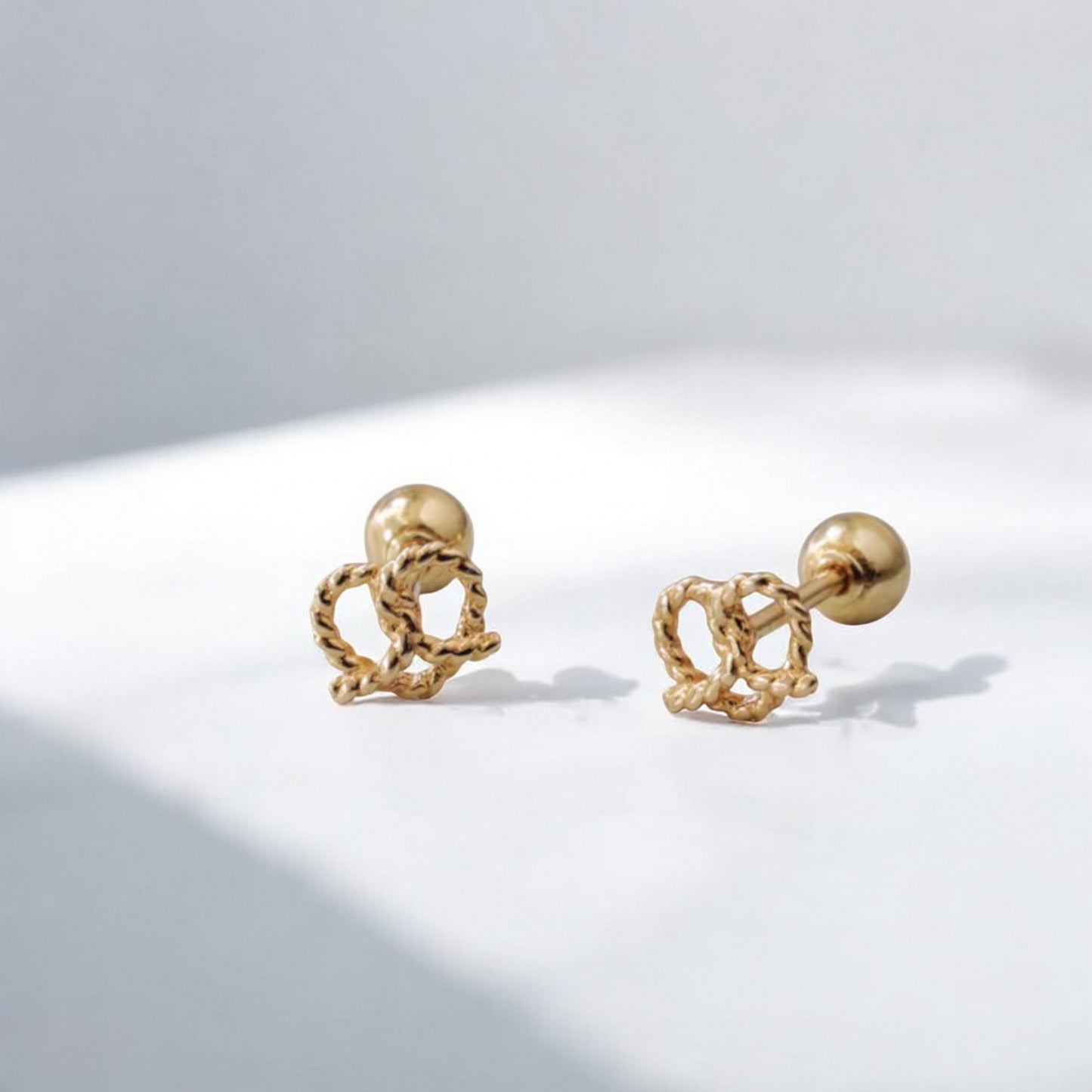 14K Pure Gold Mini Bow Cute Pretzel Screw On Earrings