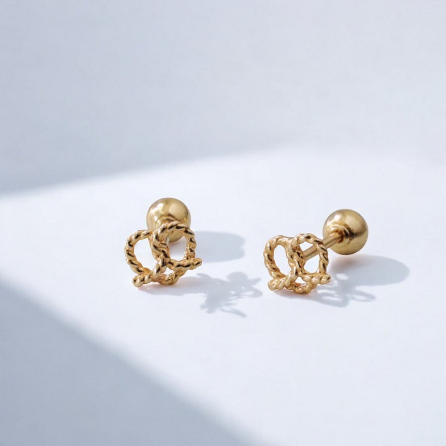 14K Pure Gold Mini Bow Cute Pretzel Screw On Earrings