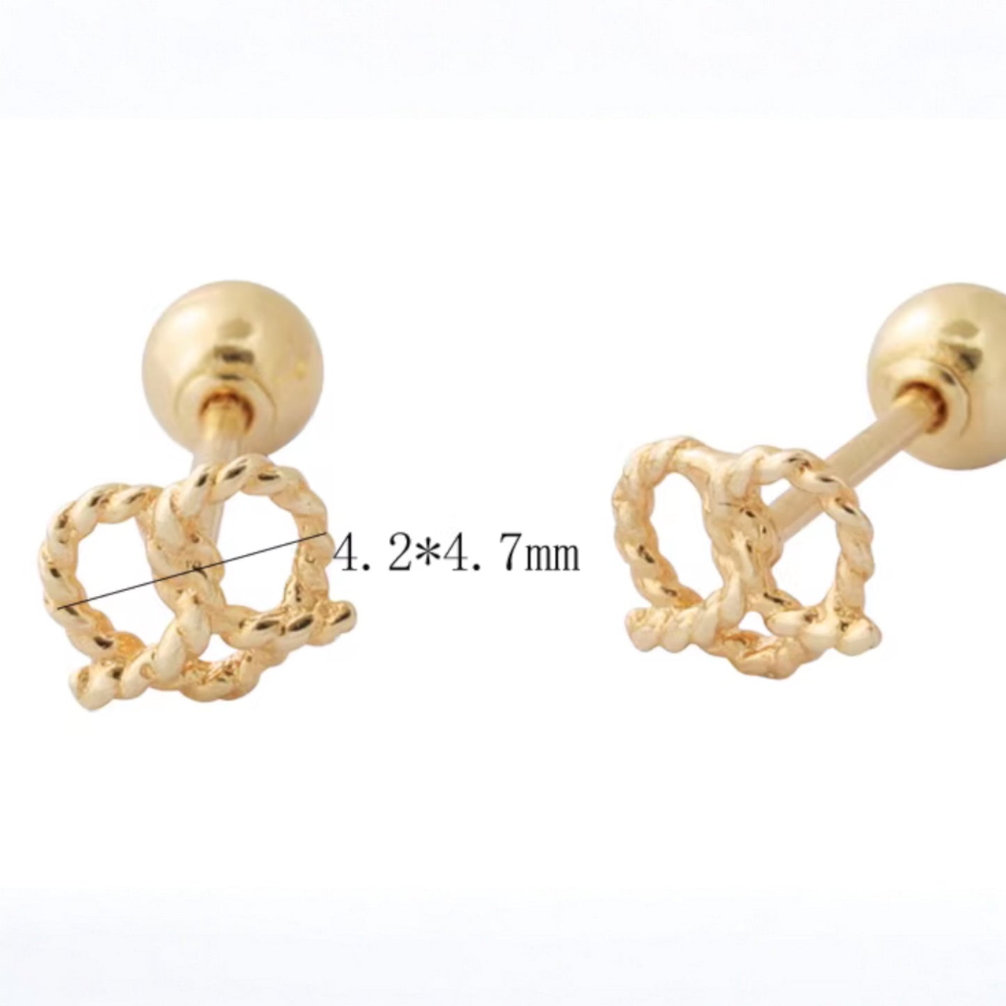 14K Pure Gold Mini Bow Cute Pretzel Screw On Earrings
