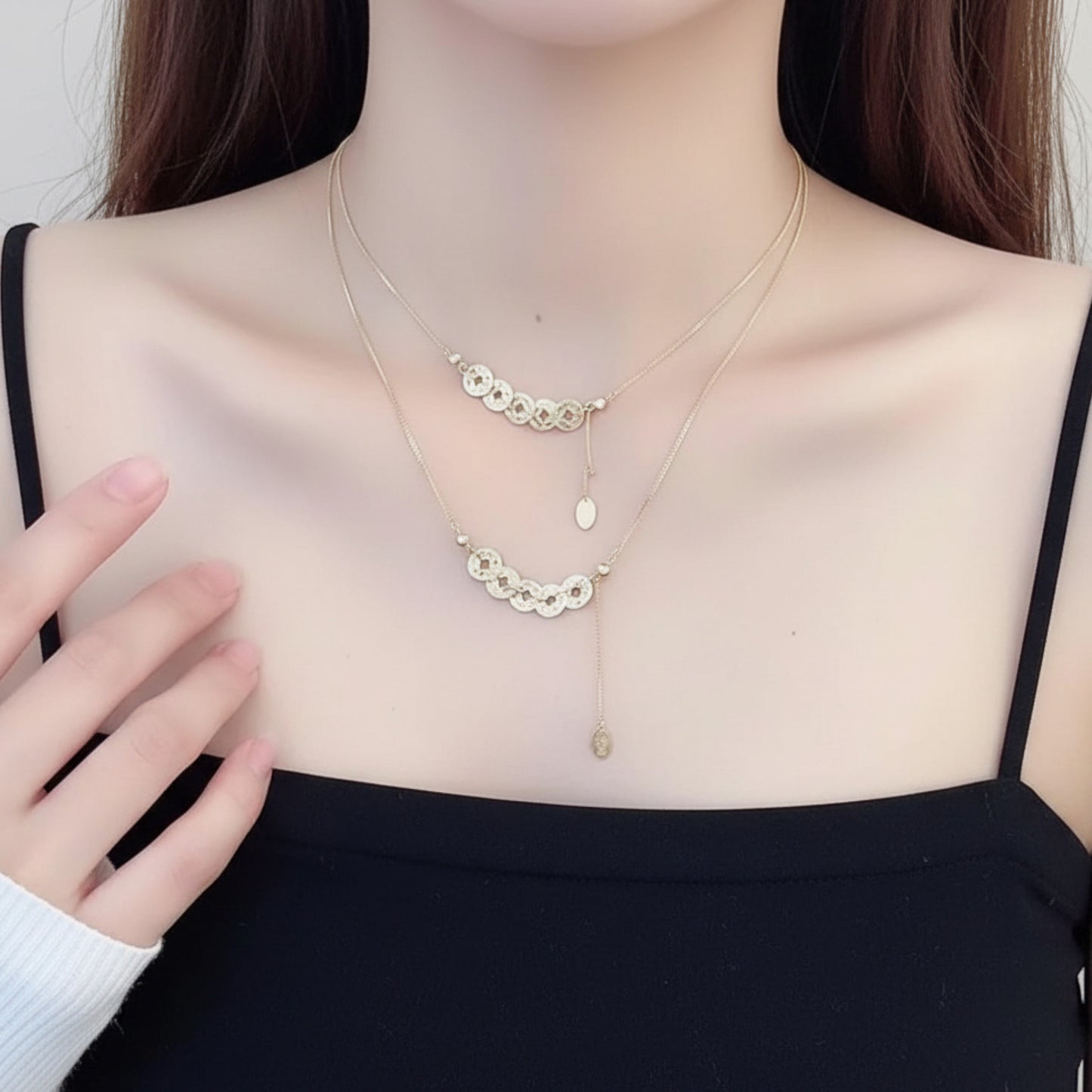 14K Real Gold Minimal Lucky Charm Five Emperors Coin Bracelet and Necklace