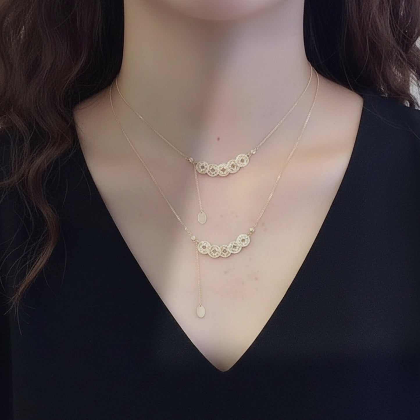 14K Real Gold Minimal Lucky Charm Five Emperors Coin Bracelet and Necklace