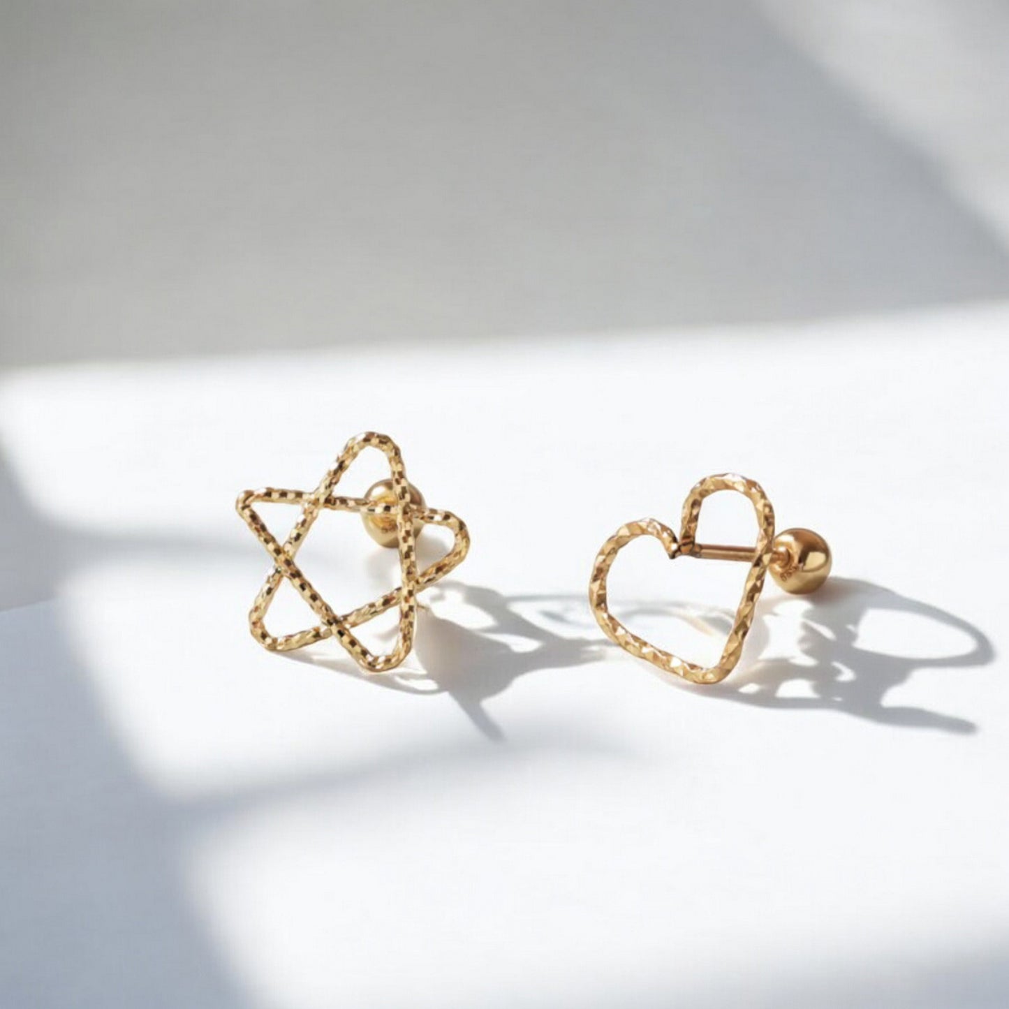14K Real Gold Star and Heart Screw On Earrings