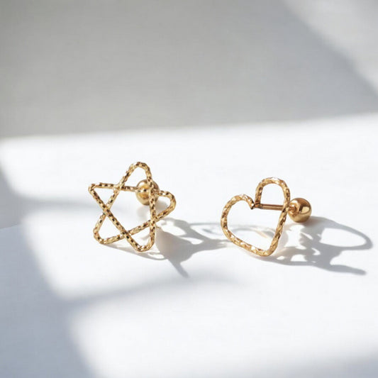 14K Real Gold Star and Heart Screw On Earrings