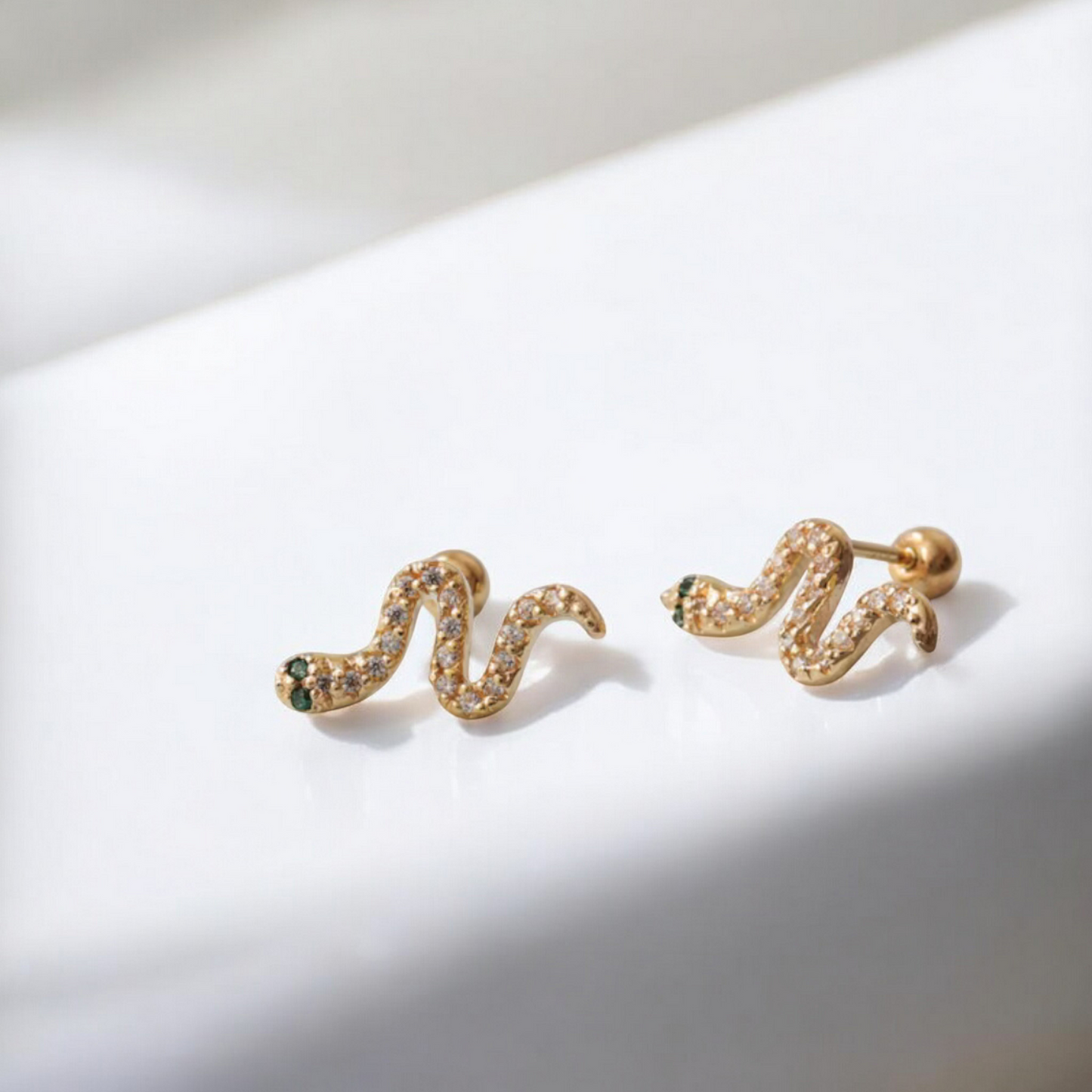 10K Real Gold Zircon Snake Screw On Earrings