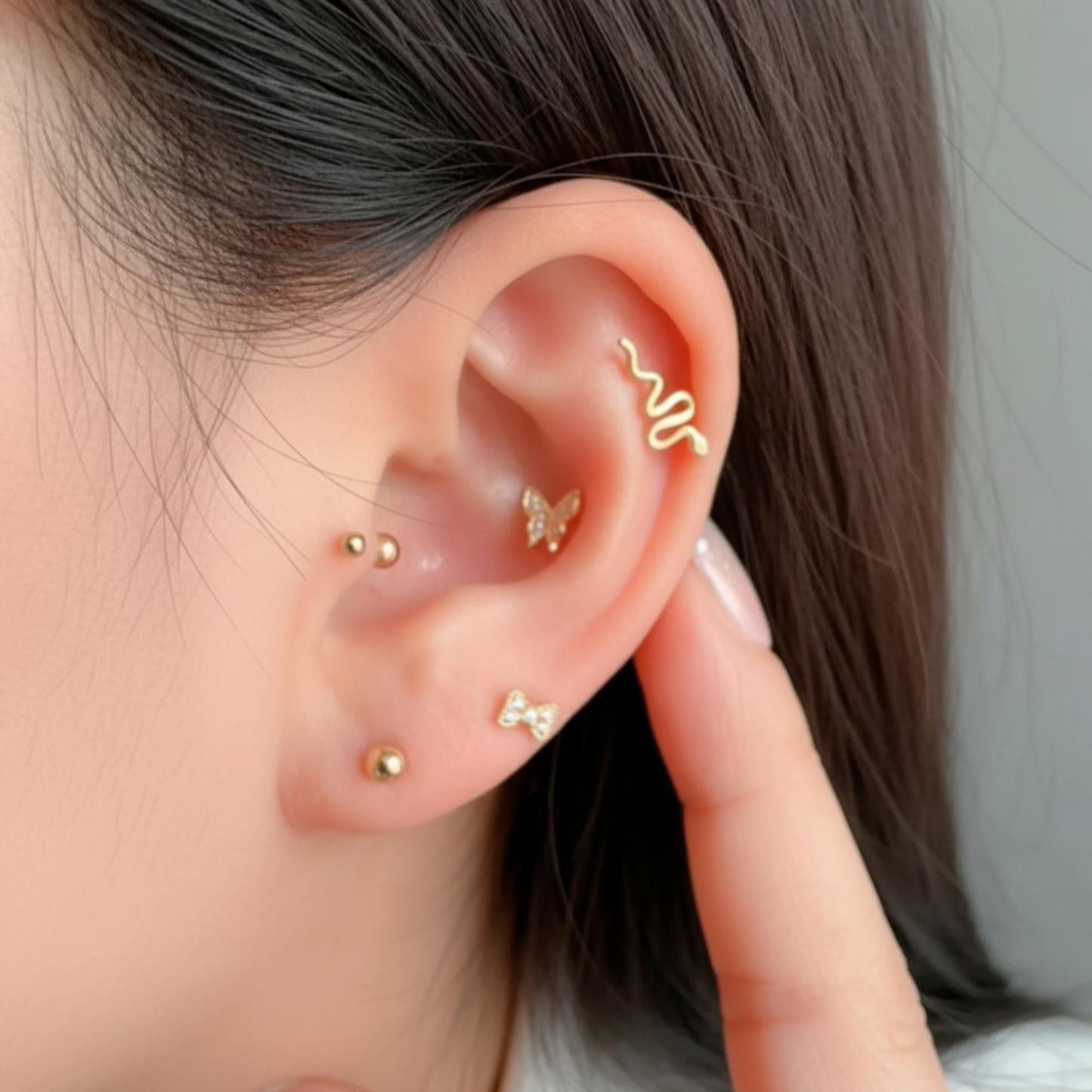 10K Real Gold Zircon Snake Screw On Earrings