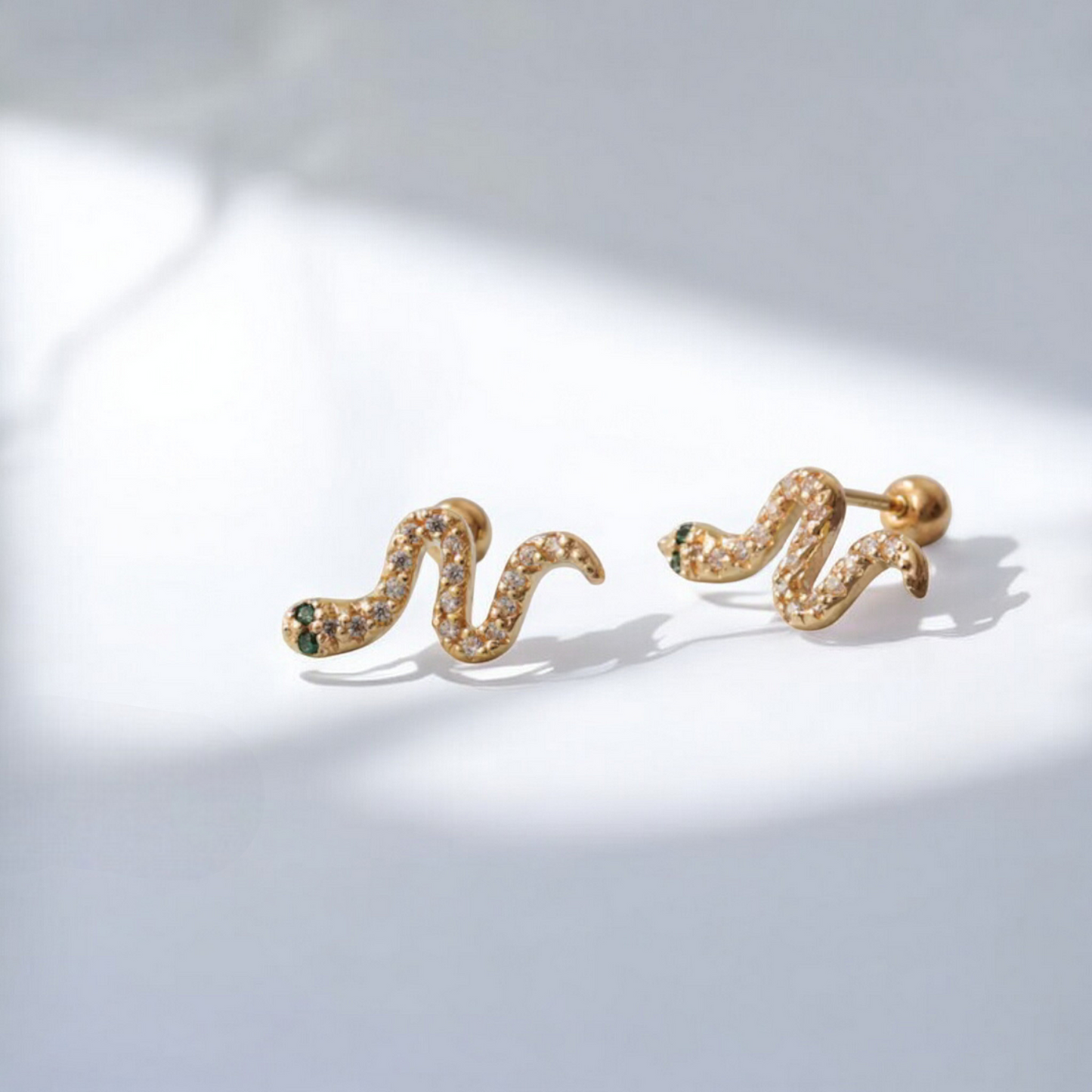 10K Real Gold Zircon Snake Screw On Earrings