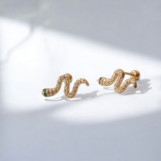 10K Real Gold Zircon Snake Screw On Earrings