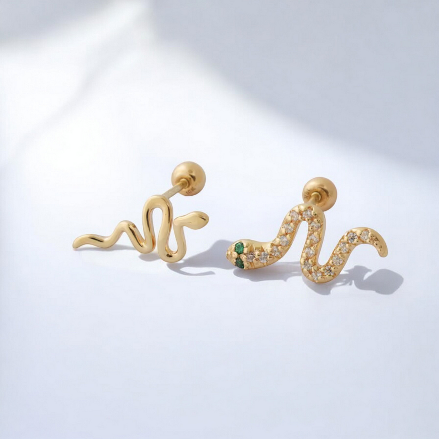 10K Real Gold Zircon Snake Screw On Earrings