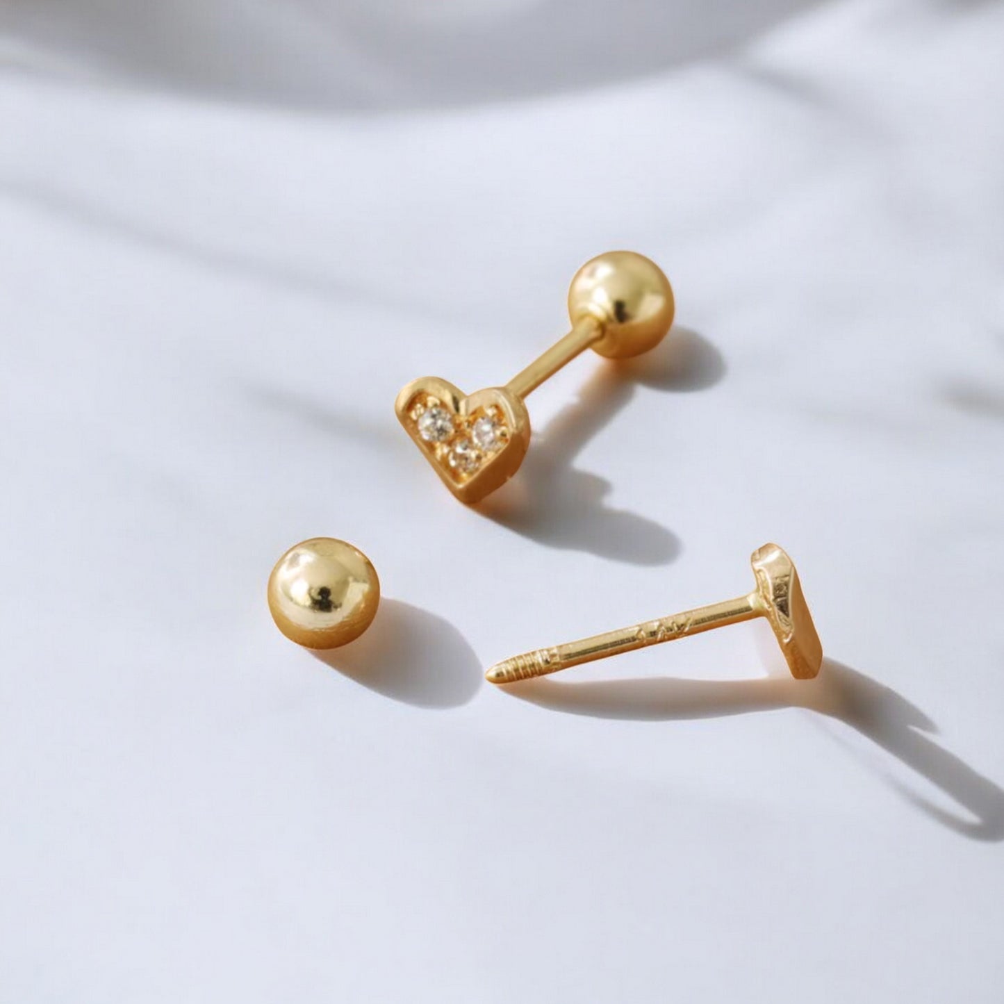 14K Real Gold Zircon Mini Heart Screw On Earrings