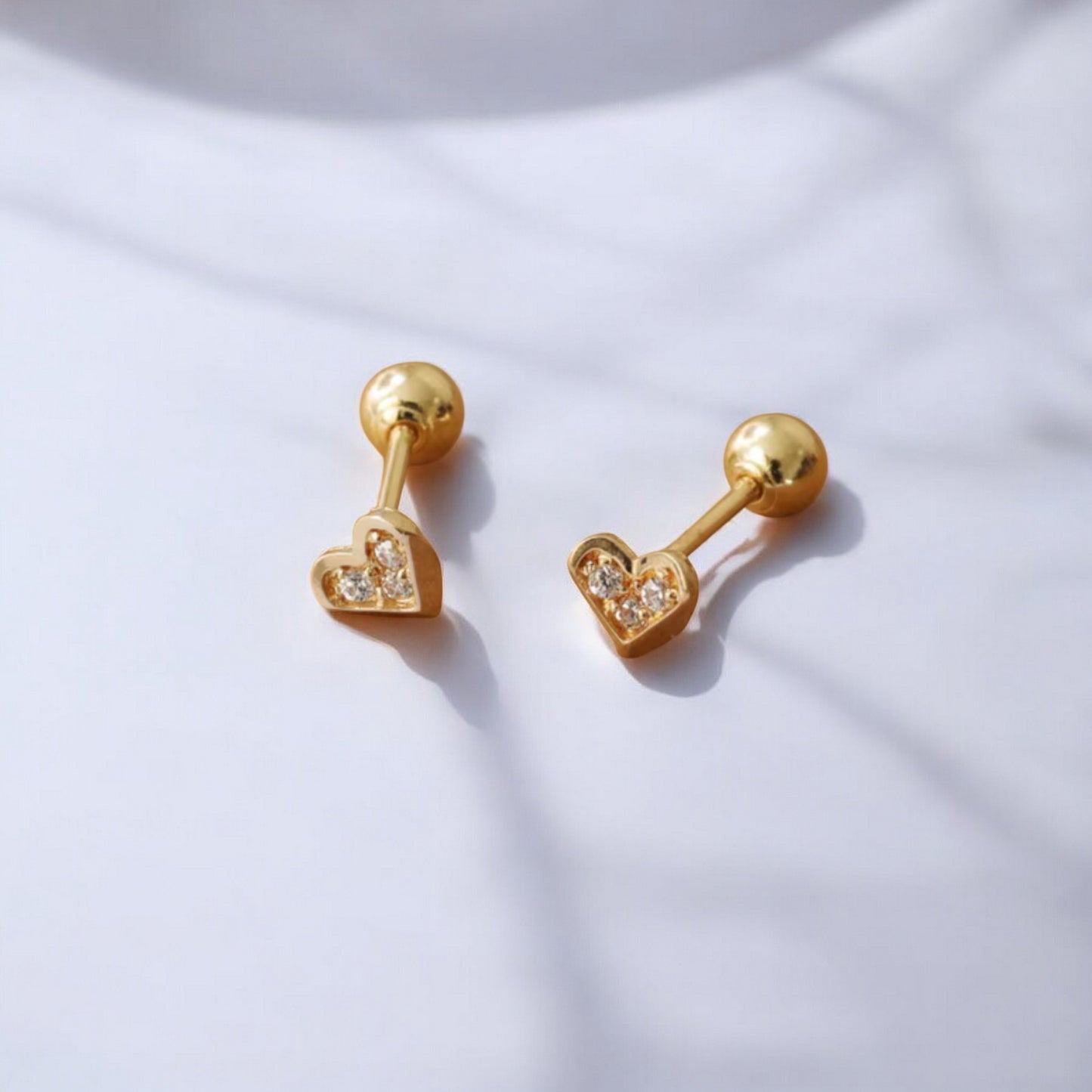 14K Real Gold Zircon Mini Heart Screw On Earrings