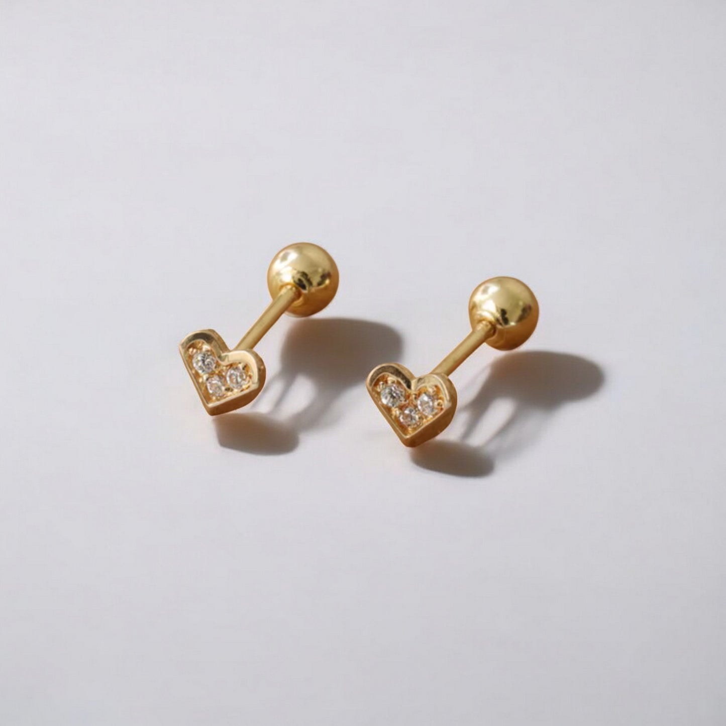 14K Real Gold Zircon Mini Heart Screw On Earrings