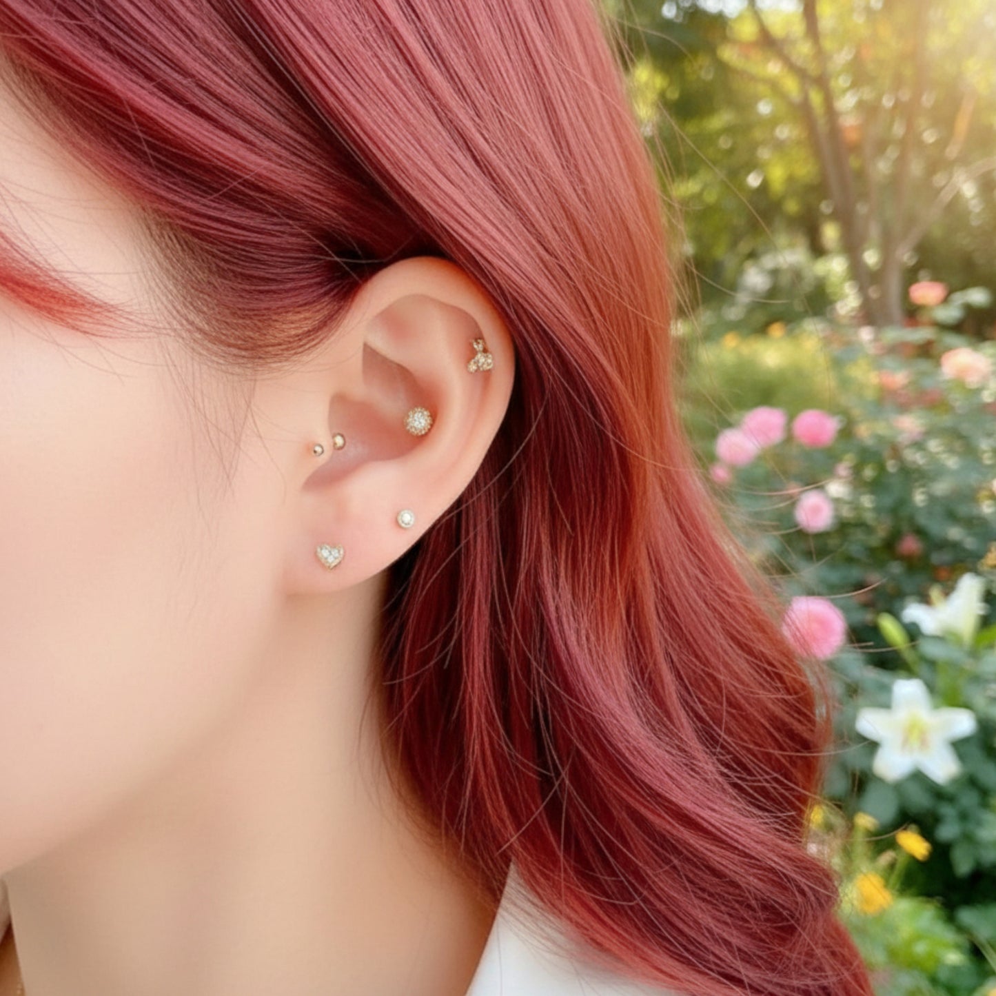 14K Real Gold Zircon Mini Heart Screw On Earrings