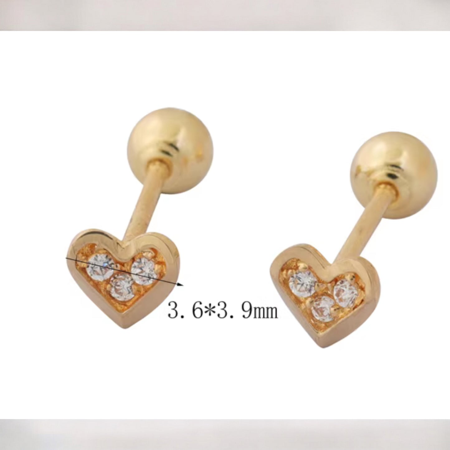 14K Real Gold Zircon Mini Heart Screw On Earrings
