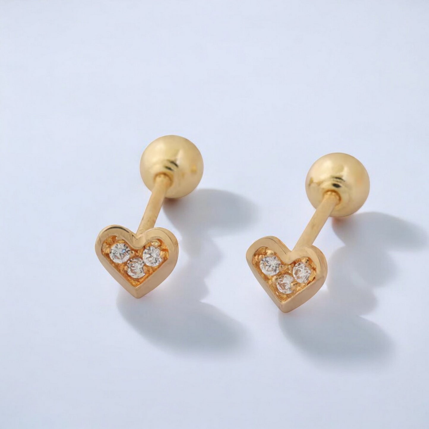14K Real Gold Zircon Mini Heart Screw On Earrings