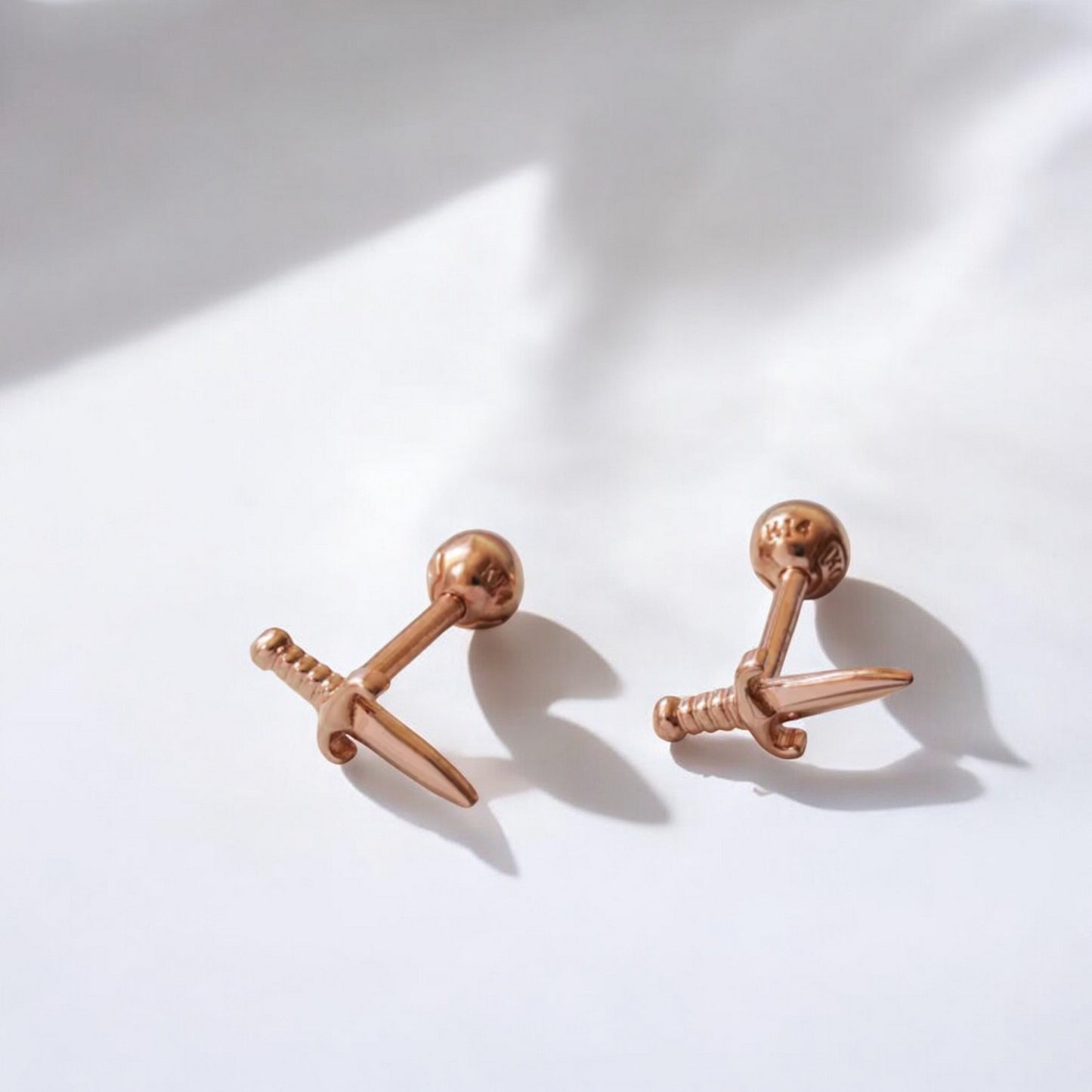 14K Real Rose Gold Mini Sword Screw On Earrings