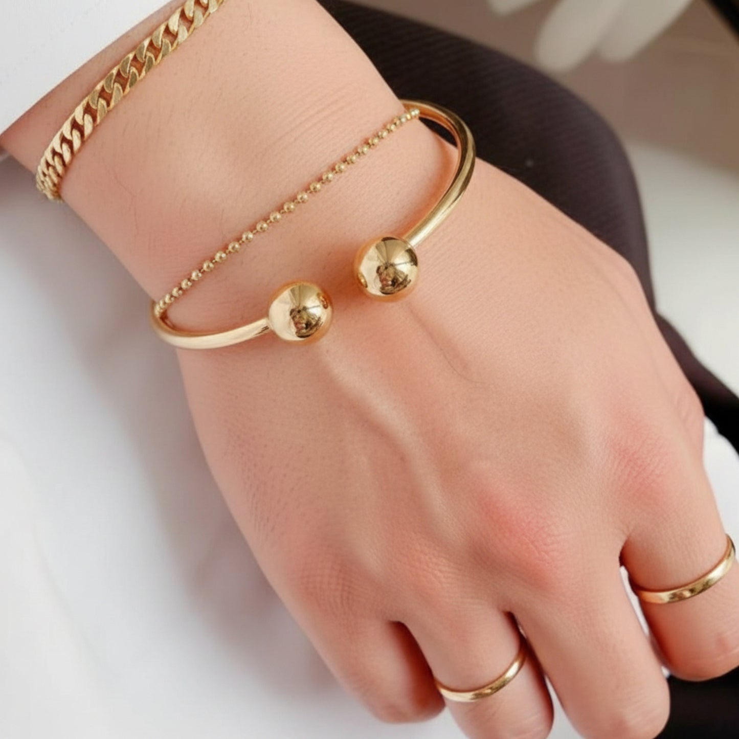 14K Gold Minimal Round Beads Bangle Bracelet