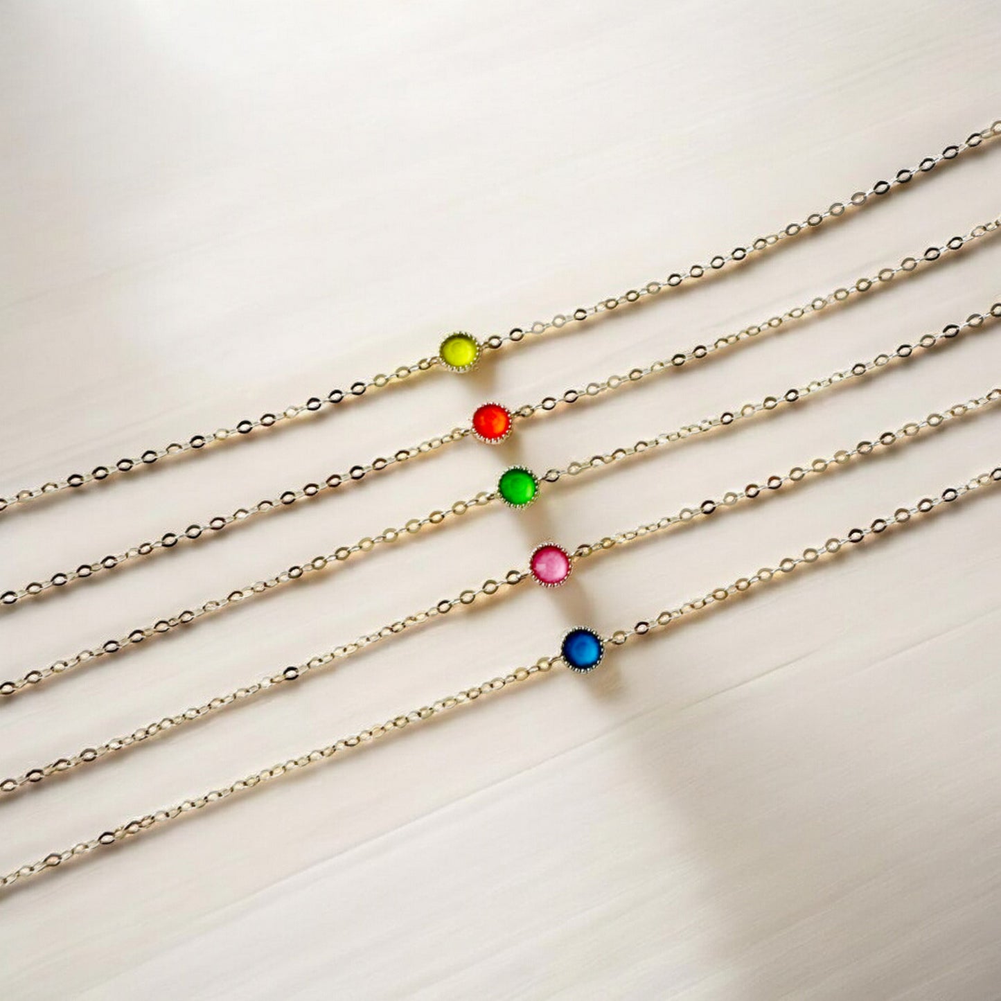 14K Real Gold Minimal Neon Color Charm Bracelet and Necklace