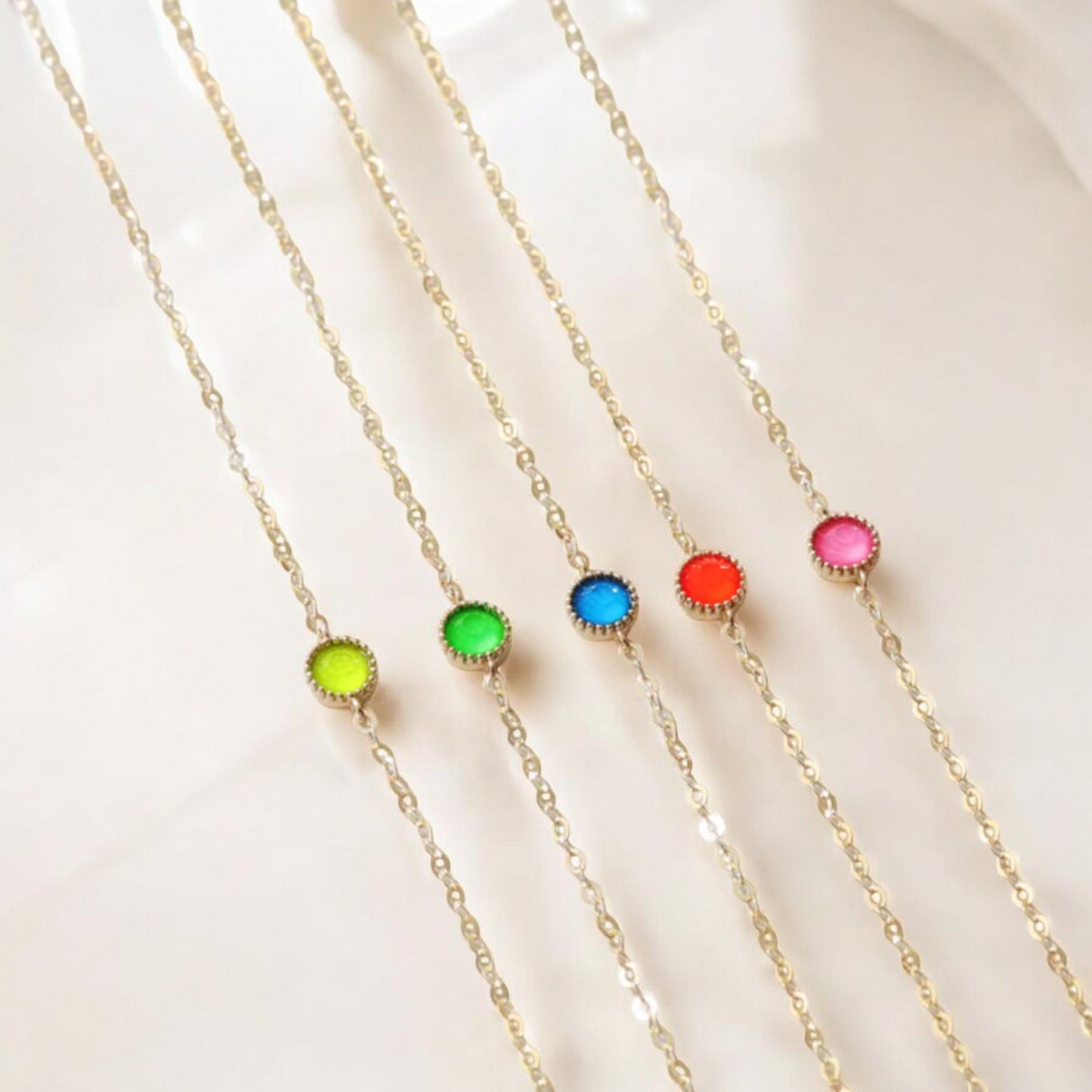 14K Real Gold Minimal Neon Color Charm Bracelet and Necklace