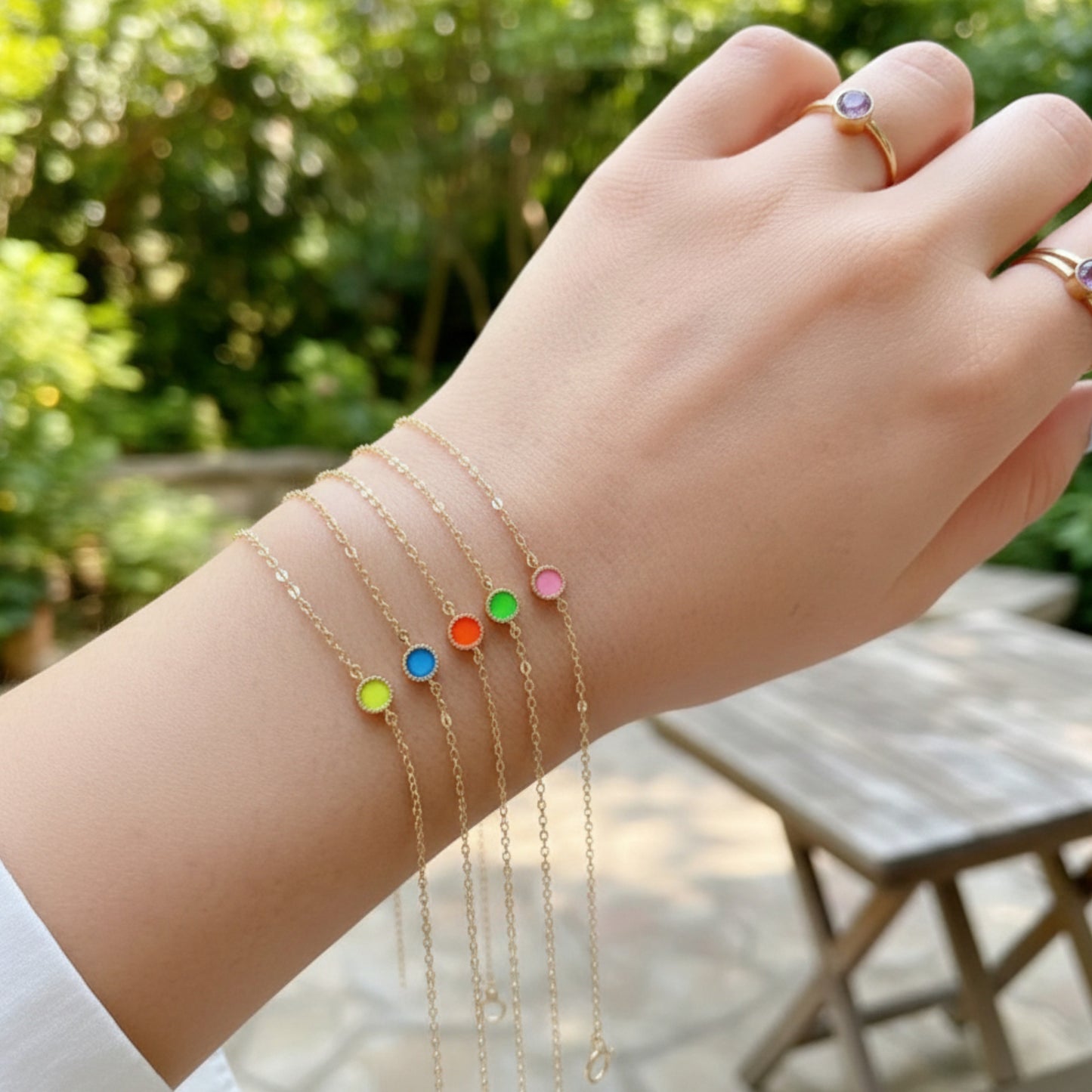 14K Real Gold Minimal Neon Color Charm Bracelet and Necklace