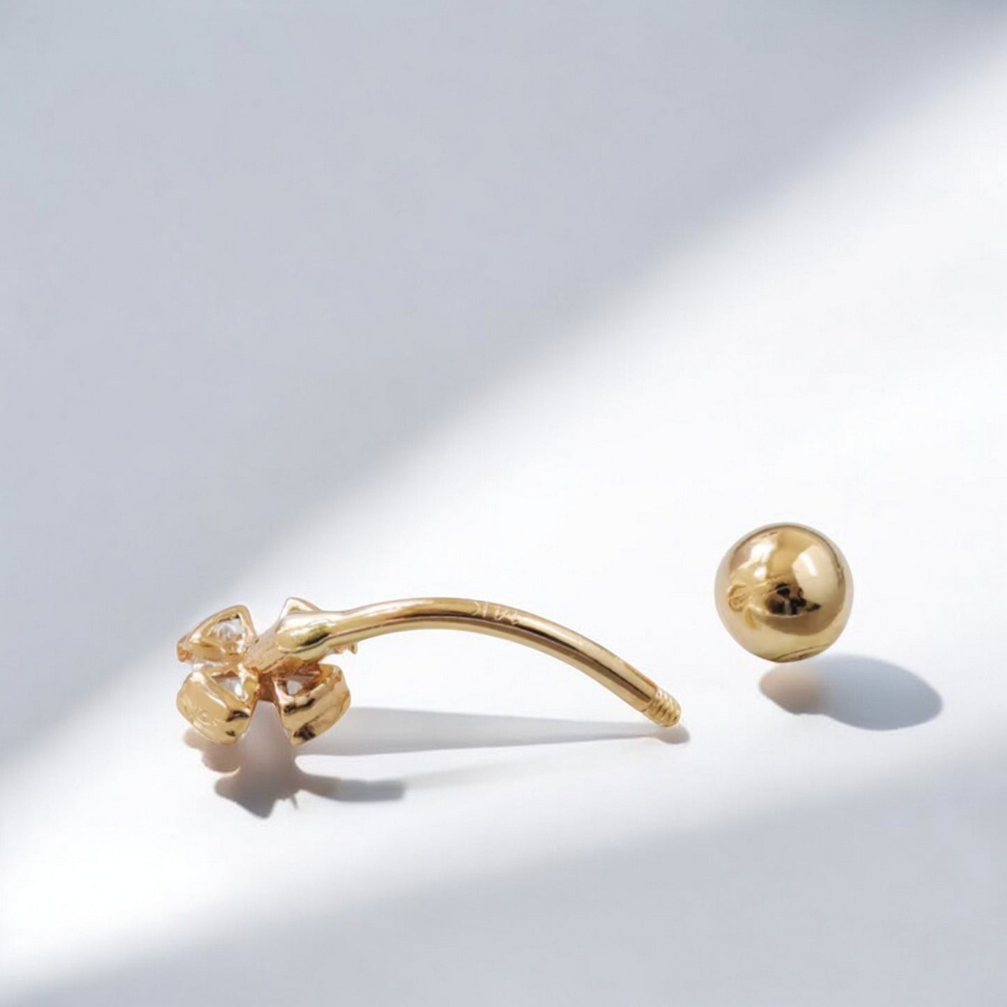 14K Real Gold Screw On Lucky Clover Zircon Belly Button Ring