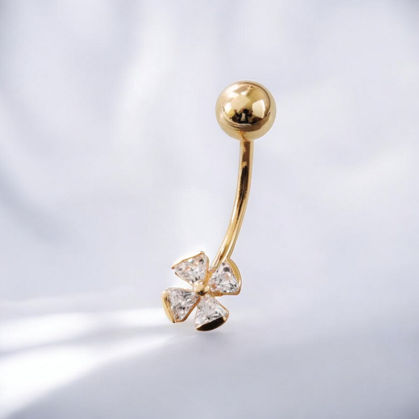 14K Real Gold Screw On Lucky Clover Zircon Belly Button Ring