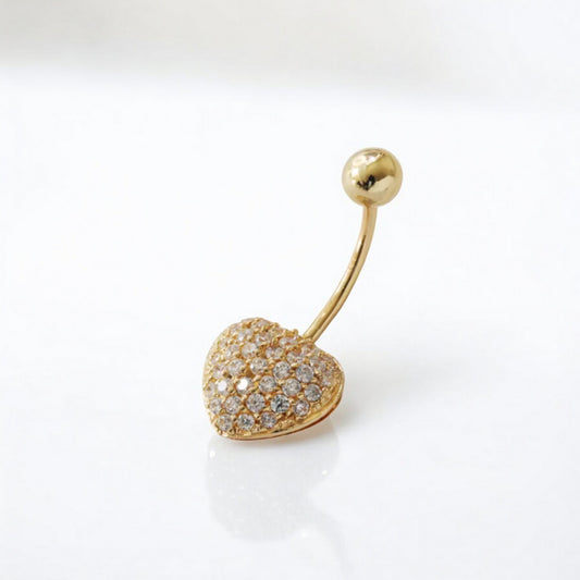 14K Real Gold Screw Zircon Heart Belly Button Ring