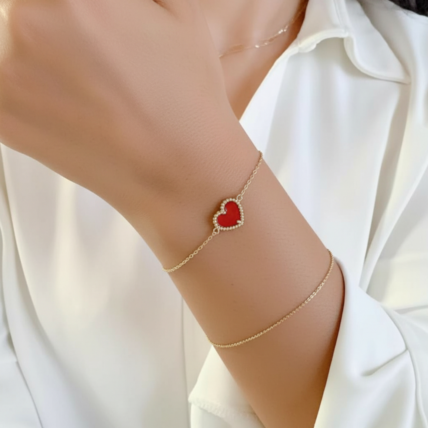 14K Gold Minimal Red Heart Charm Bracelet