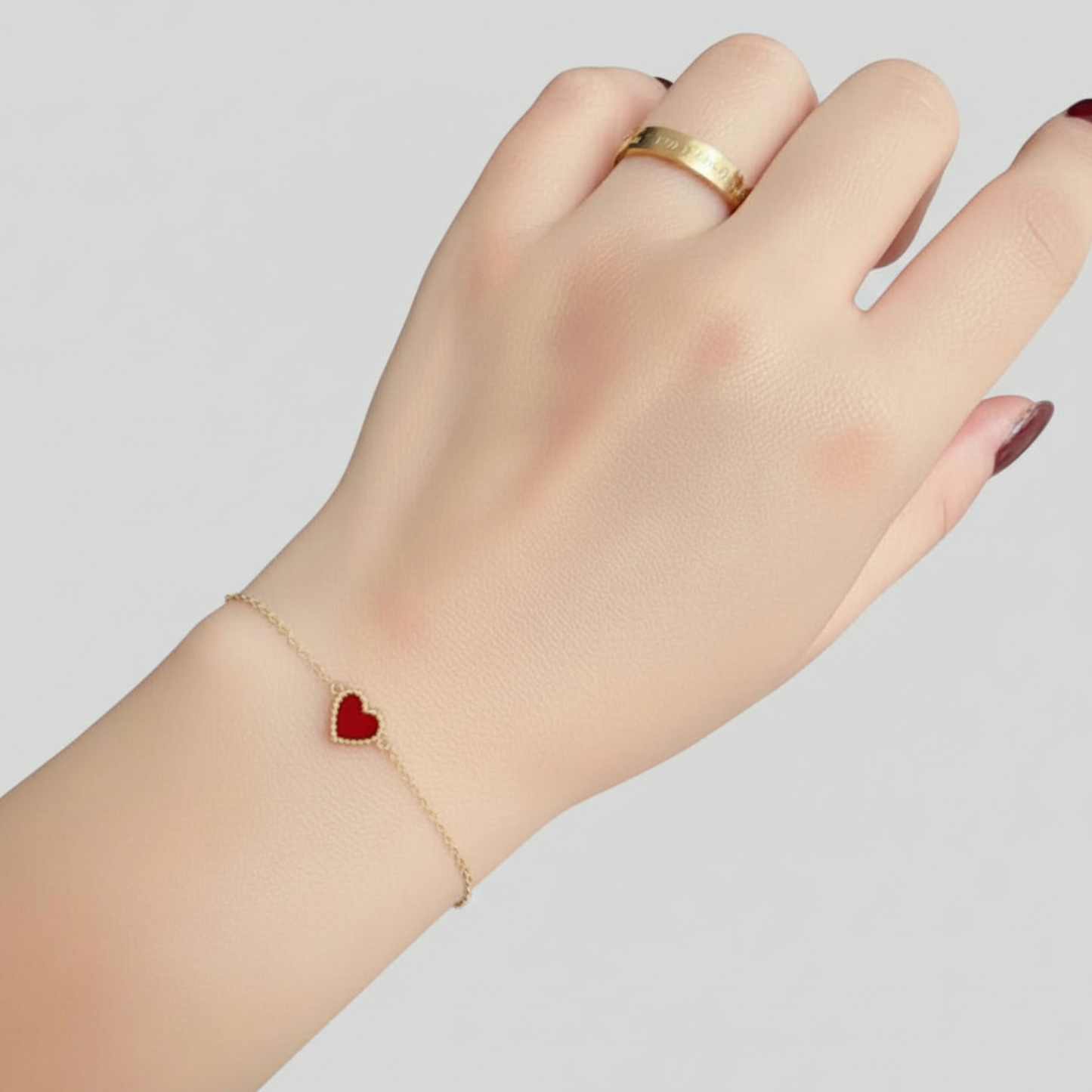 14K Gold Minimal Red Heart Charm Bracelet