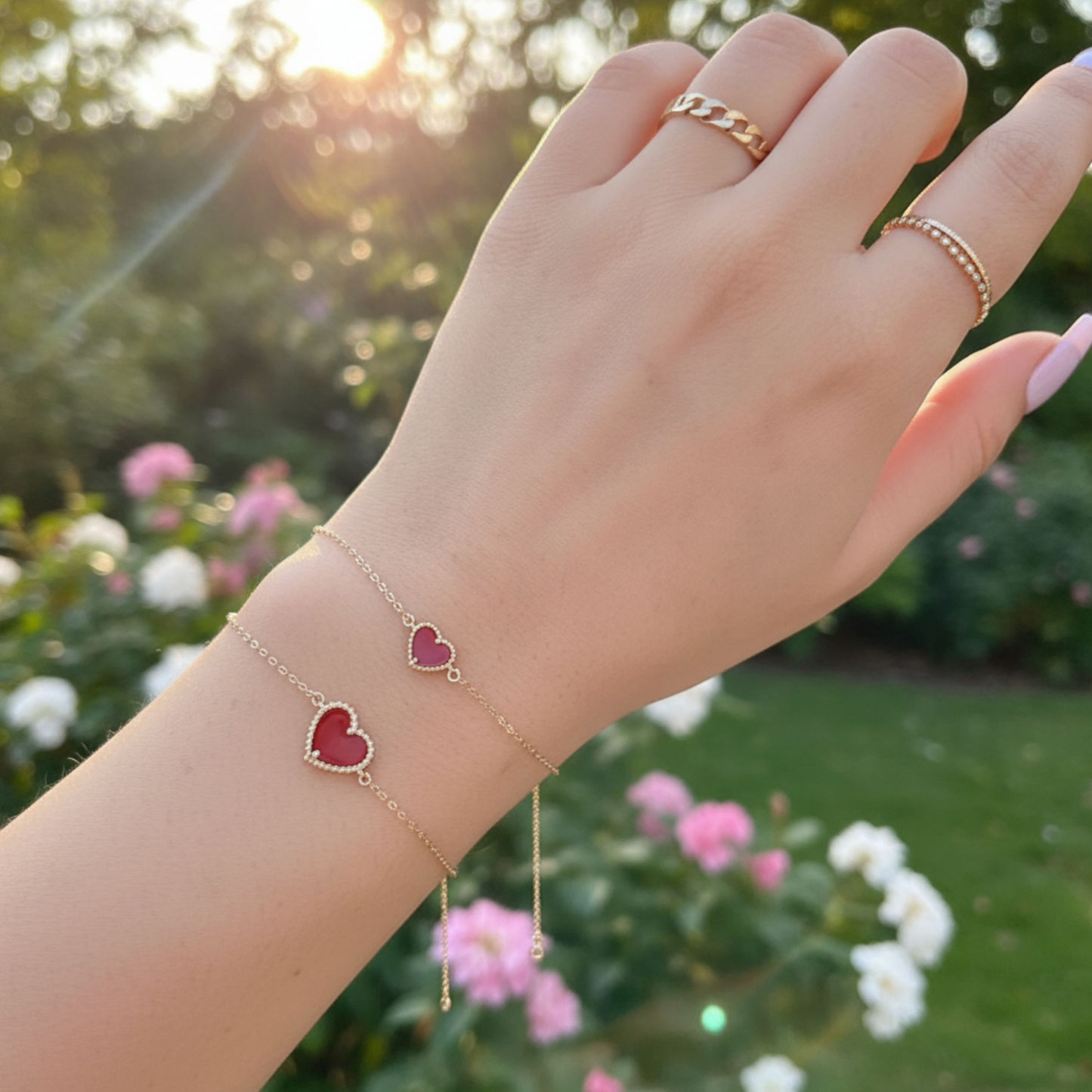 14K Gold Minimal Red Heart Charm Bracelet