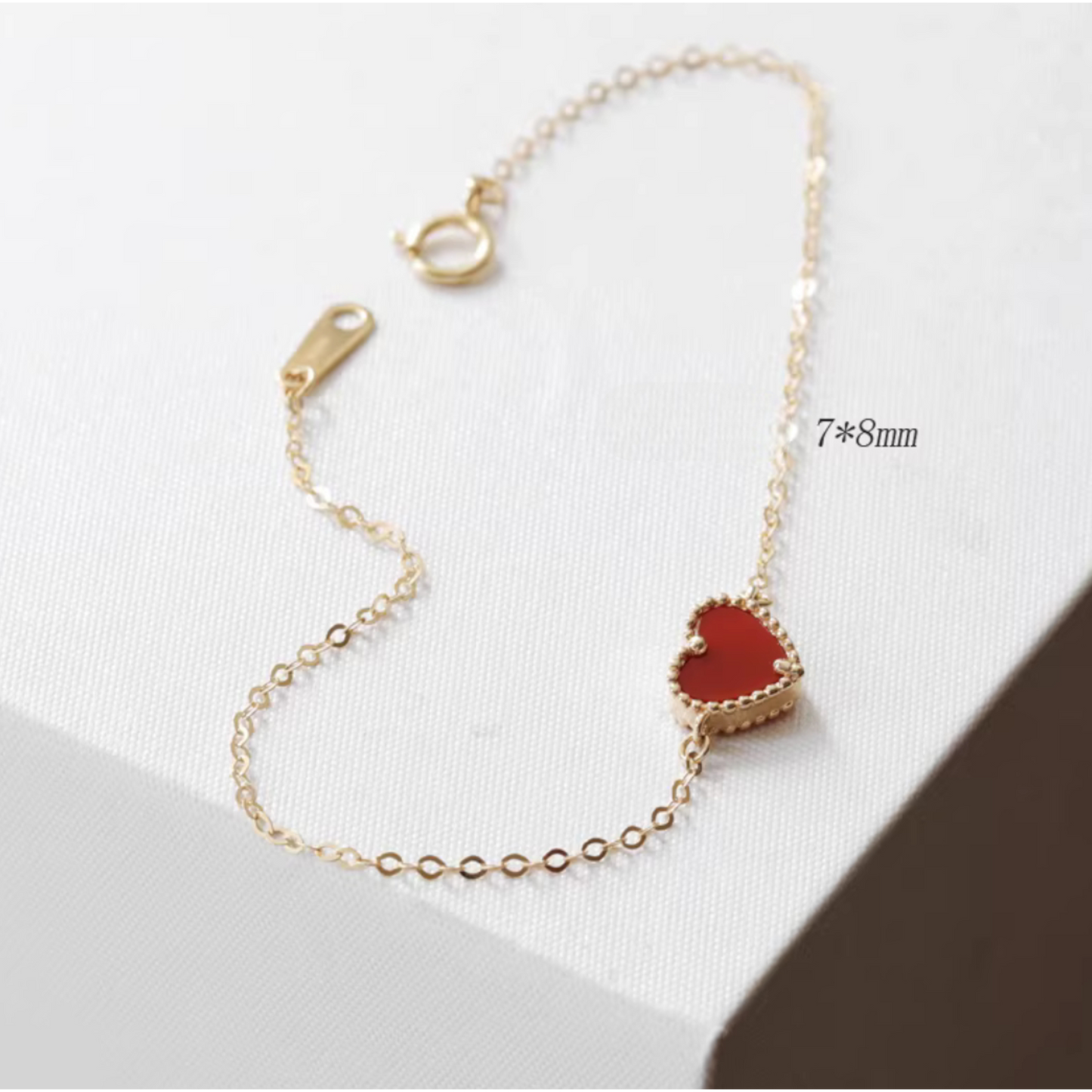 14K Gold Minimal Red Heart Charm Bracelet