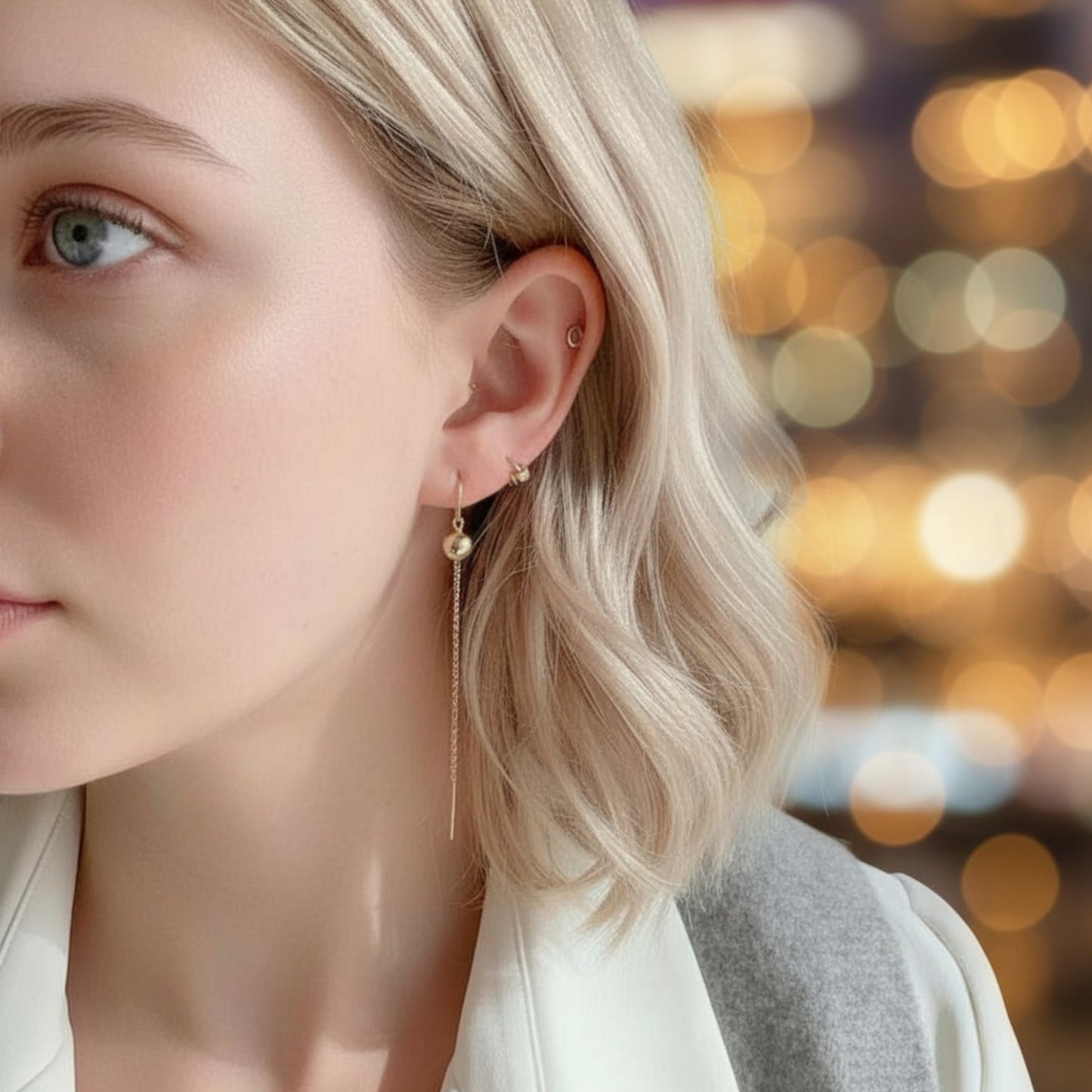 14K Real Gold Minimal Bead Threader Earrings