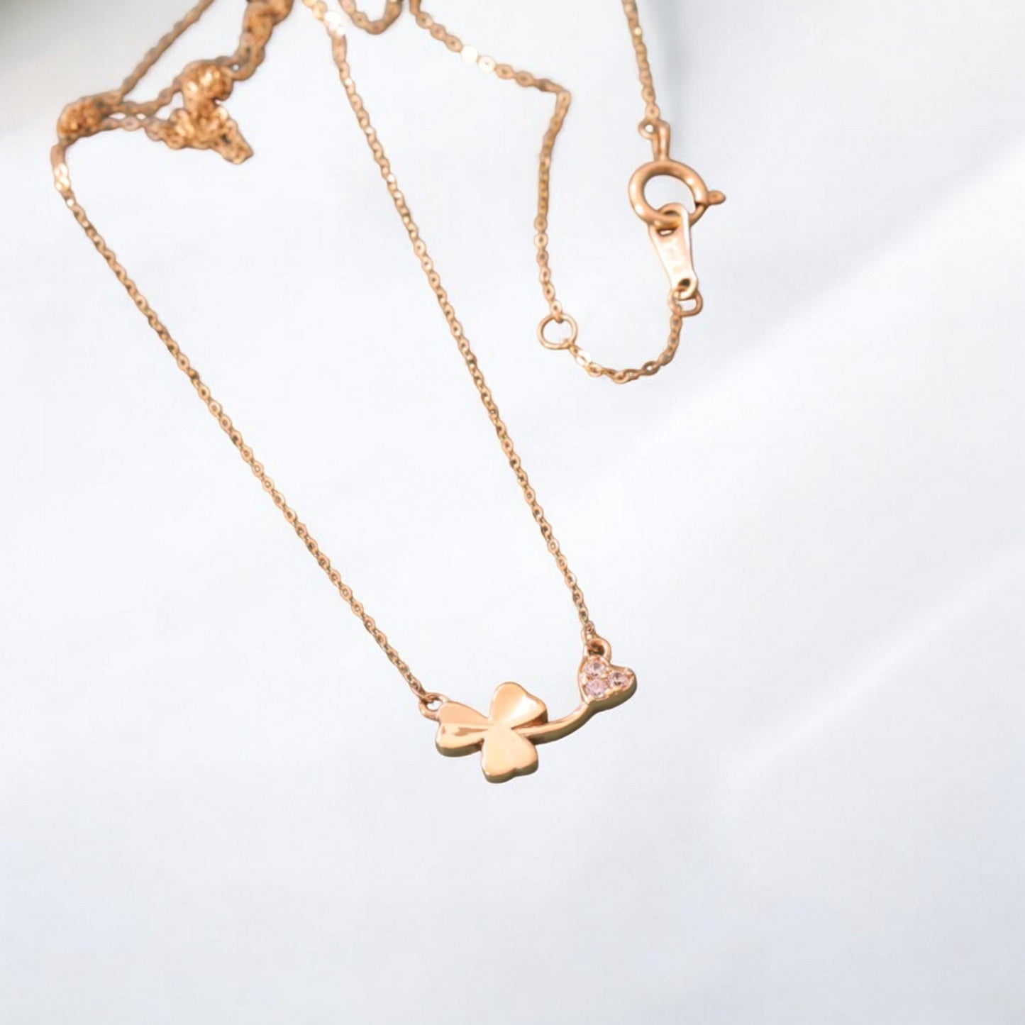 14K Gold Dainty Zircon Lucky Clover Pendant Necklace