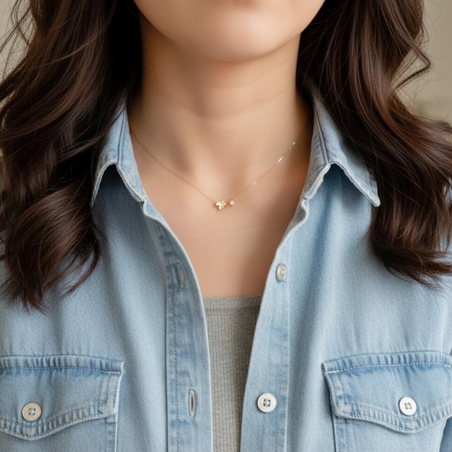 14K Gold Dainty Zircon Lucky Clover Pendant Necklace