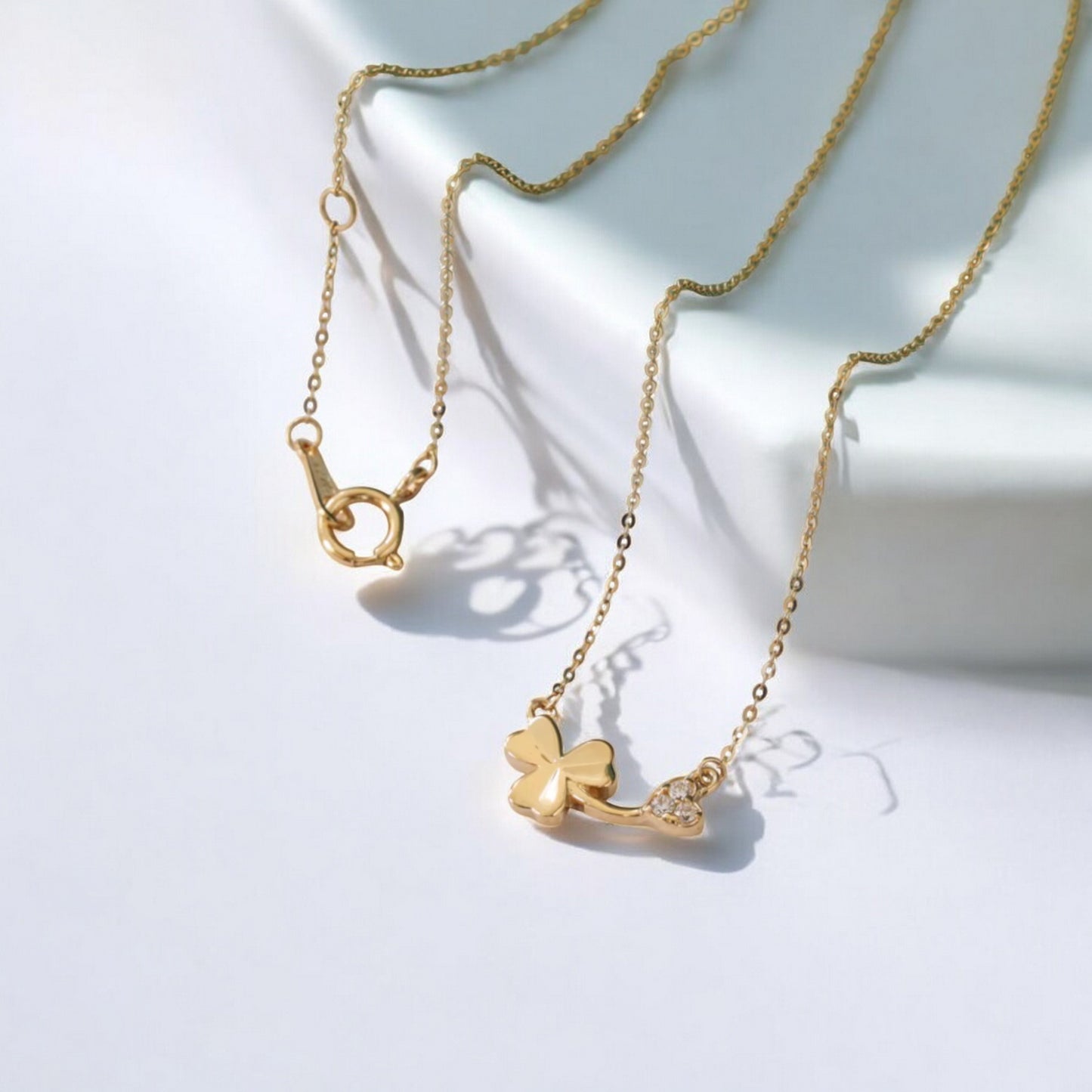 14K Gold Dainty Zircon Lucky Clover Pendant Necklace