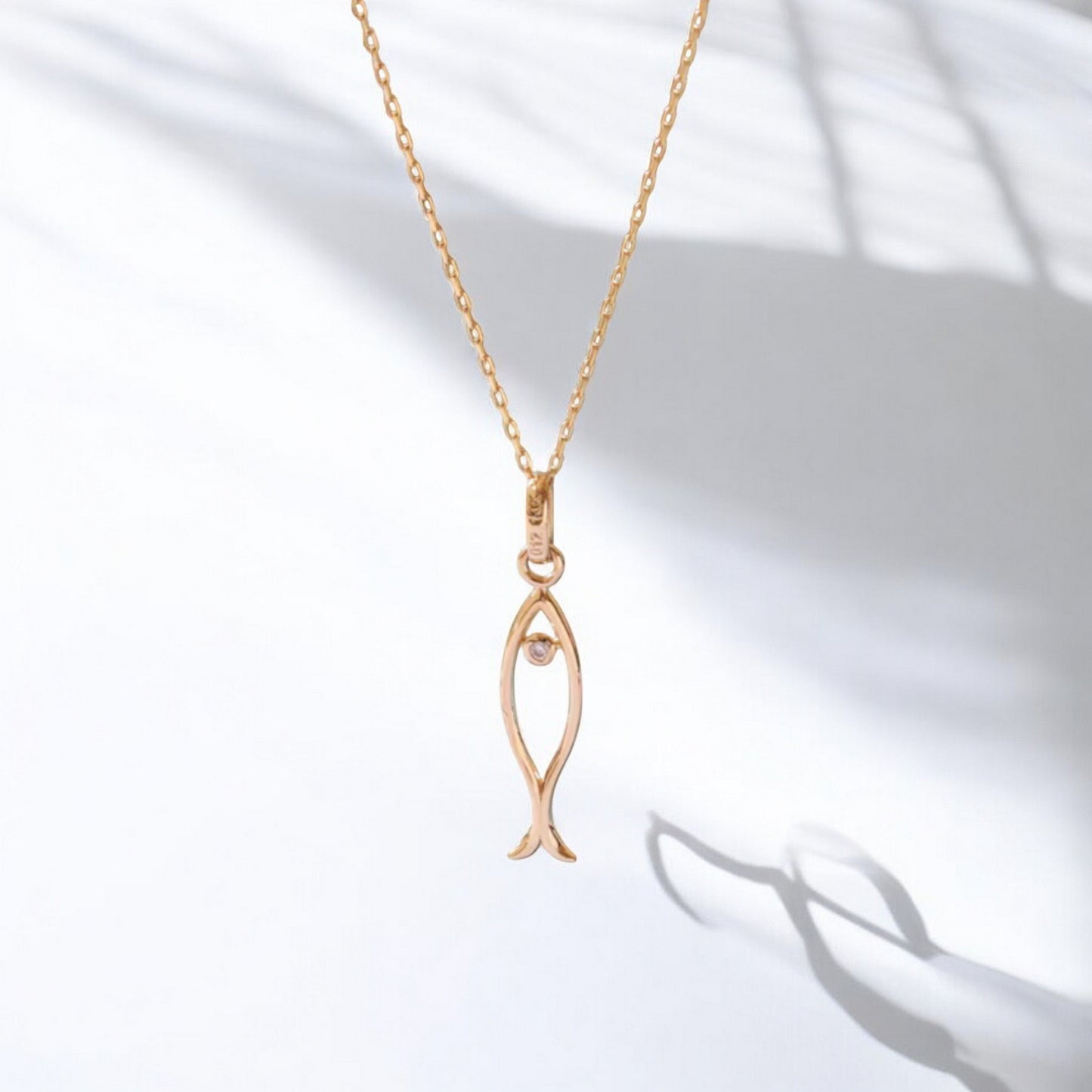 14K Gold Dainty Zircon Fish Pendant