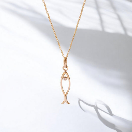 14K Gold Dainty Zircon Fish Pendant