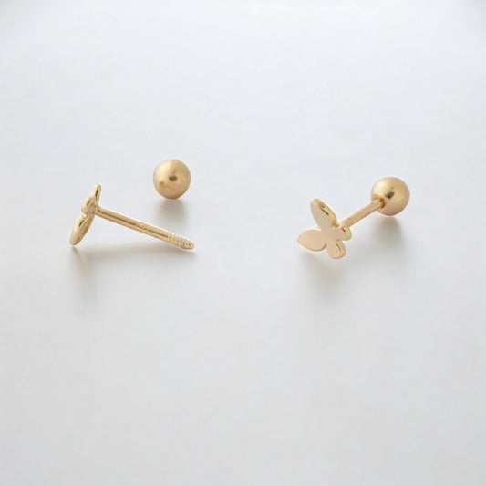 10K Real Gold Mini Screw On Butterfly Earrings