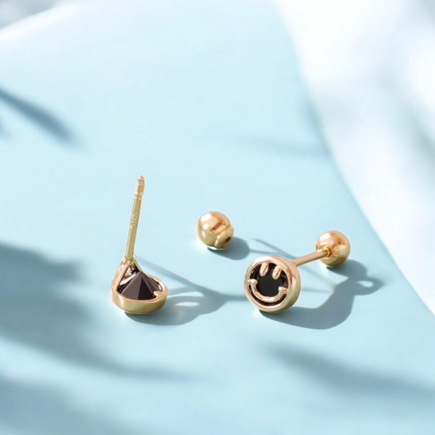 14K Real Gold Mini Screw On Zircon Smiley Happy Face Earrings