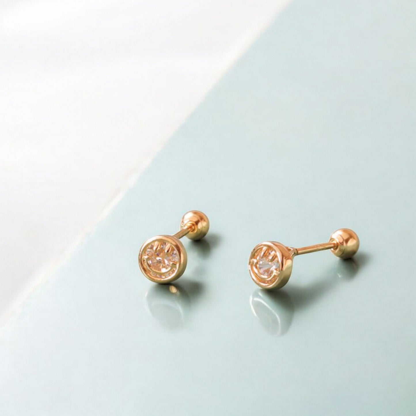 14K Real Gold Mini Screw On Zircon Smiley Happy Face Earrings