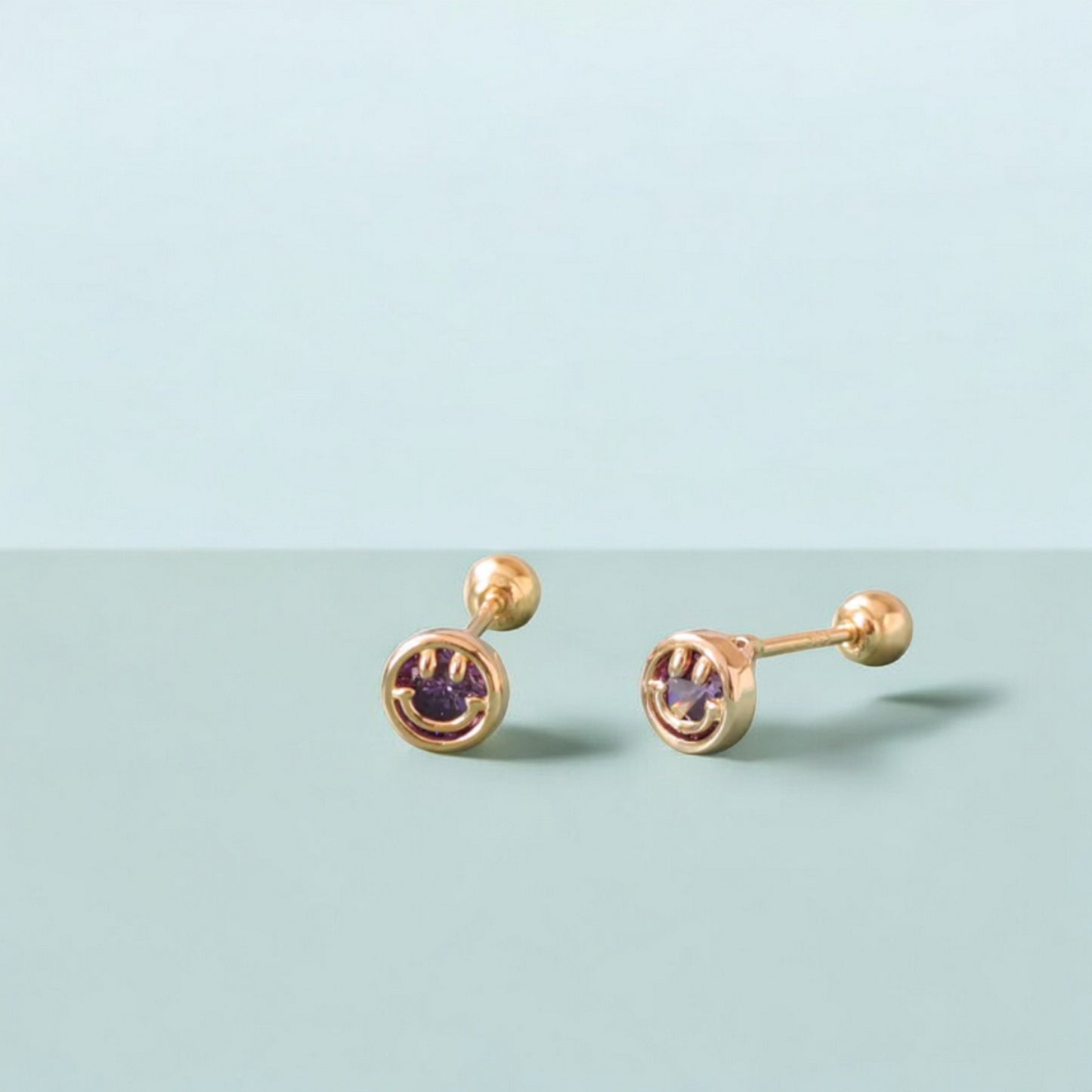 14K Real Gold Mini Screw On Zircon Smiley Happy Face Earrings