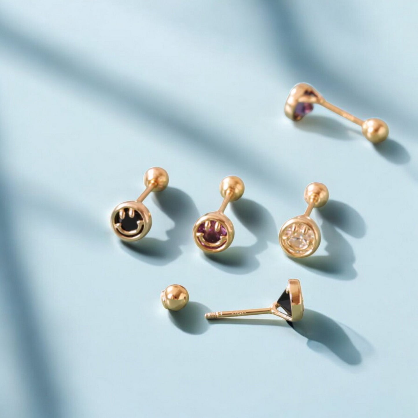 14K Real Gold Mini Screw On Zircon Smiley Happy Face Earrings