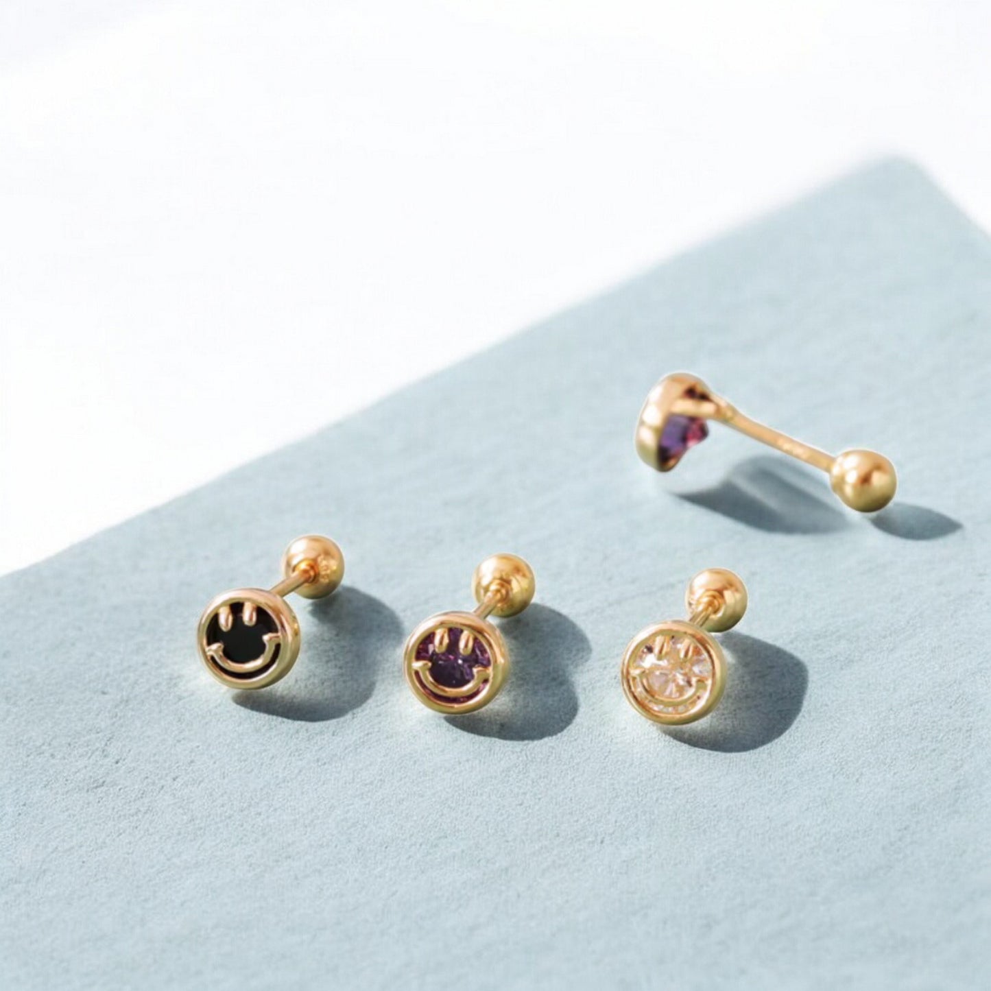 14K Real Gold Mini Screw On Zircon Smiley Happy Face Earrings